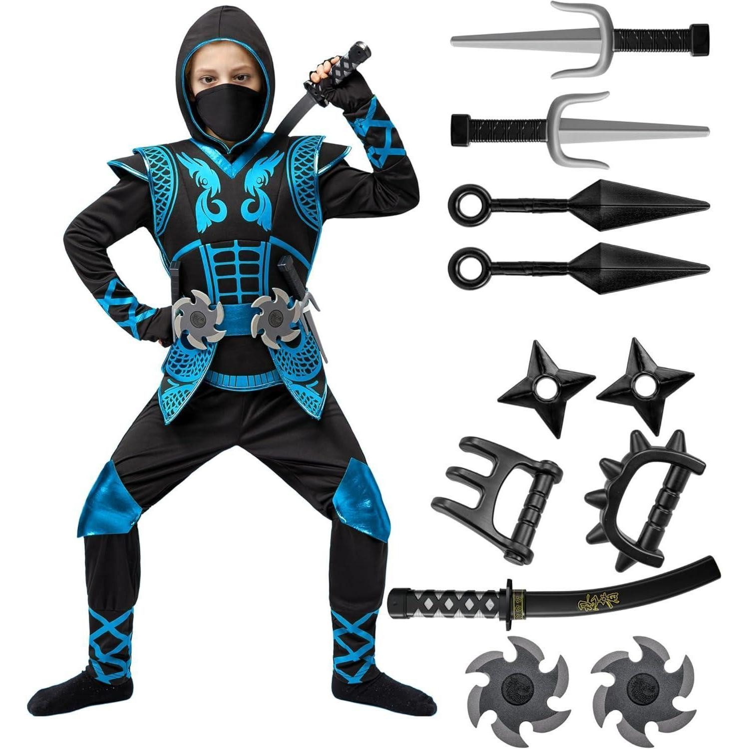Kostüm Kostüm Halloween Ninja Fighter Kinder Blau Large(10-12 yrs)