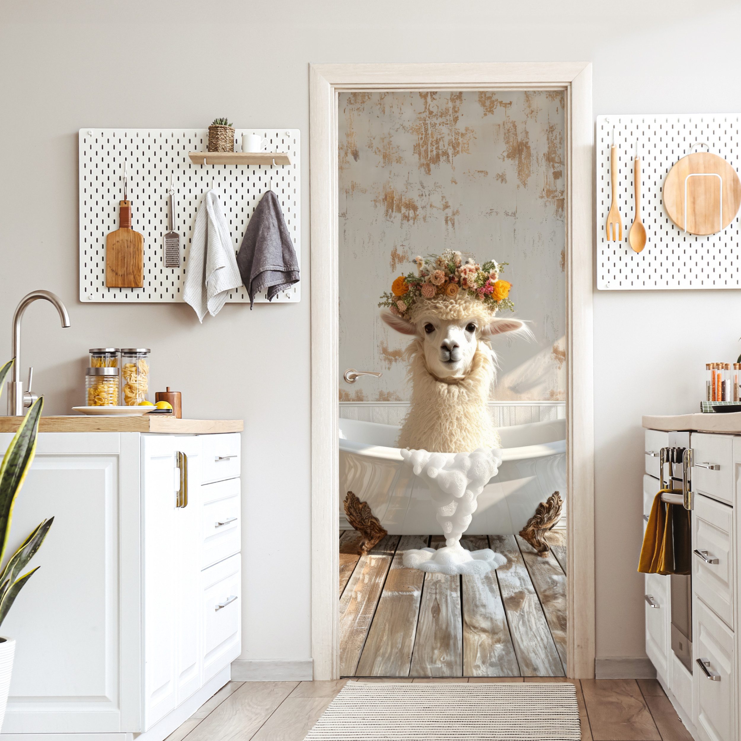 MuchoWow Türtapete Vintage - Alpaka - Badewanne - Blumen - Tiere, Matt, bedruckt, (1 St), Selbstklebende Tapete, Folie für Möbel, 75x205 cm