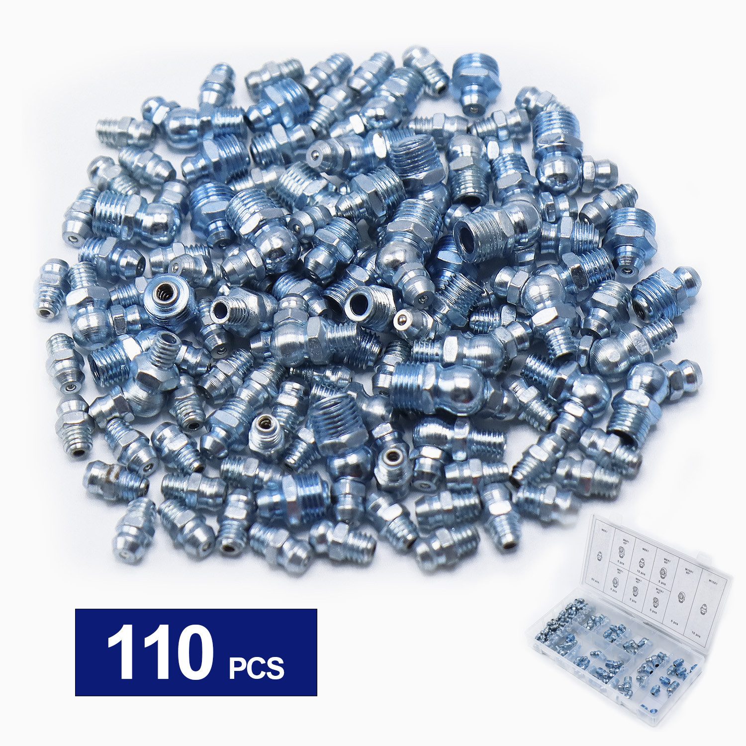 CCLIFE Werkstatt-Set Schmiernippel Sortiment M6 M8 M10 110tlg 45°90° Kegelschmiernippel, (110-tlg) – Bild 2 von 4