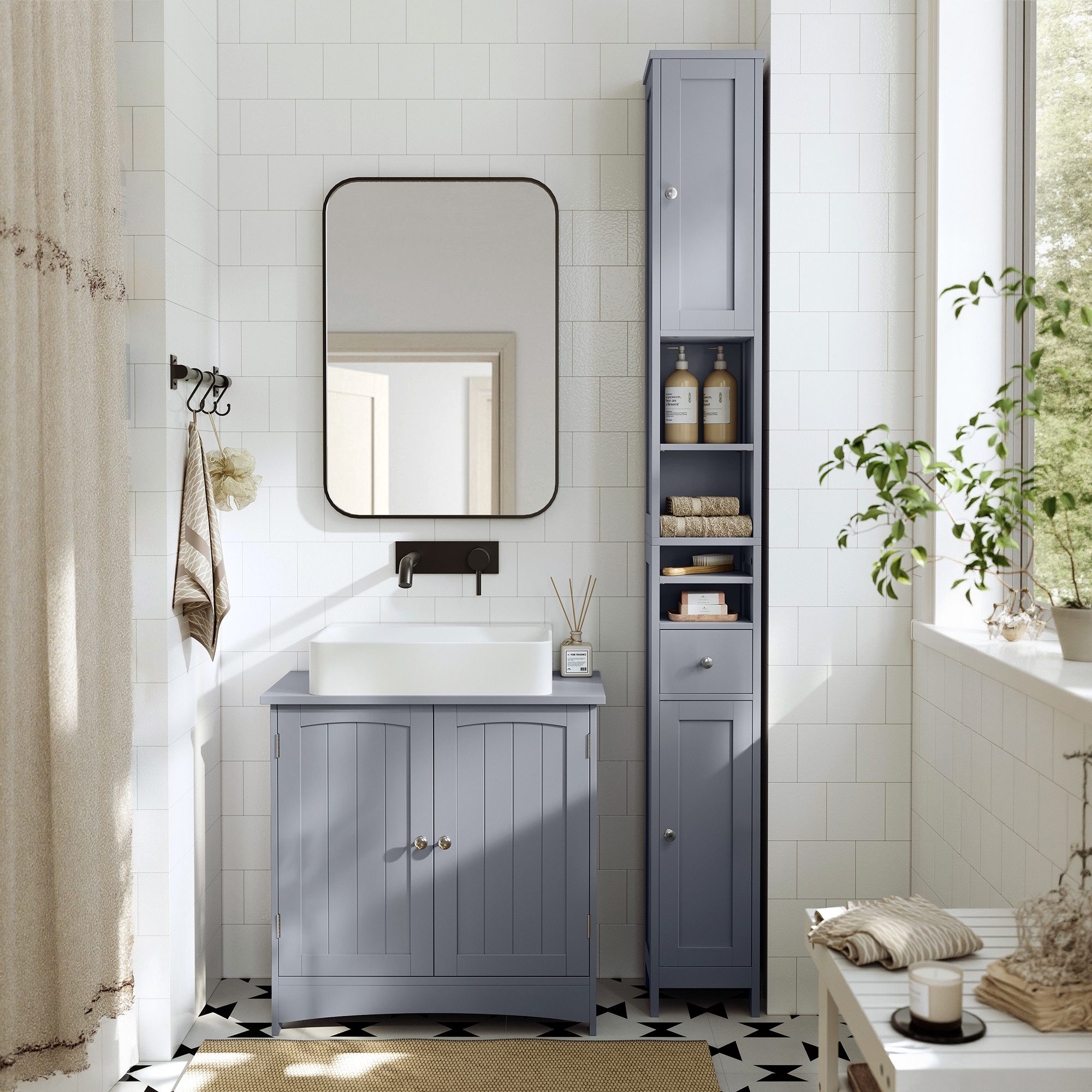 VASAGLE Badkommode Badezimmerschrank Badschrank, hoch, schmaler Aufbewahrungsschrank, mit verstellbaren Ablagen, Schublade, offenen Fächern