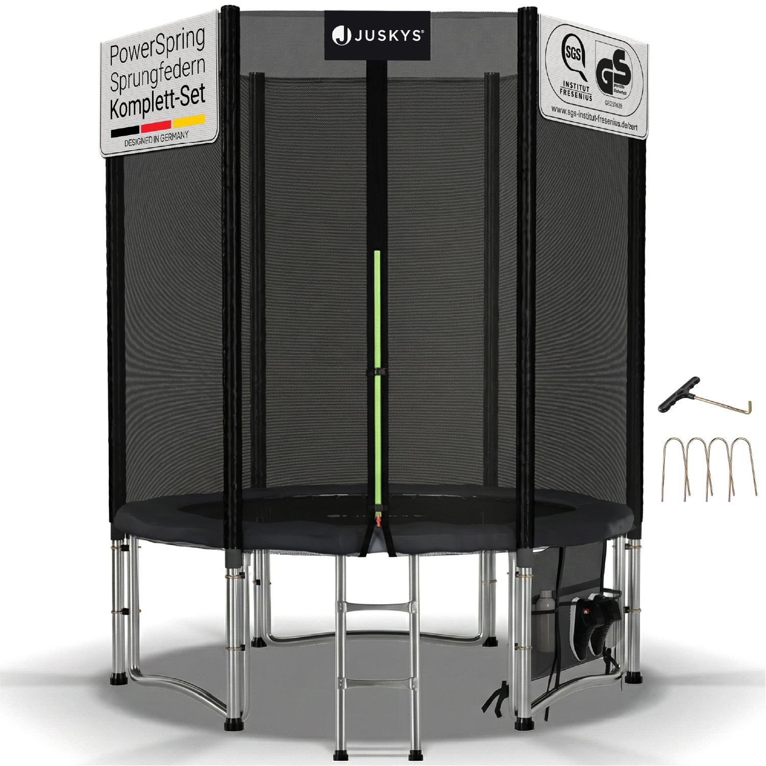 Juskys Gartentrampolin JumpMaster, Ø 183 cm, Komplett-Set mit Leiter, Getränkehalter, Bodenanker