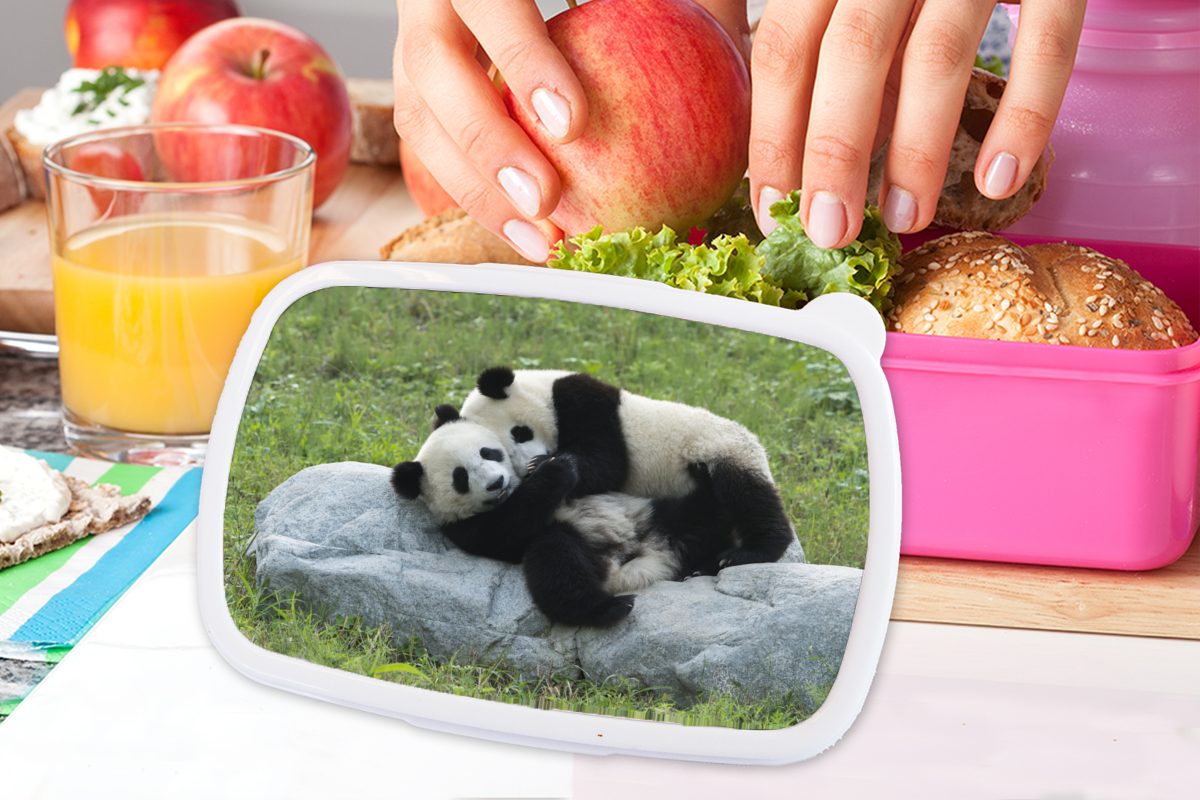 Kunststoff, Mädchen, Brotdose MuchoWow - rosa Brotbox Erwachsene, Gras - (2-tlg), Lunchbox Pandas Snackbox, Stein, Kinder, Kunststoff für