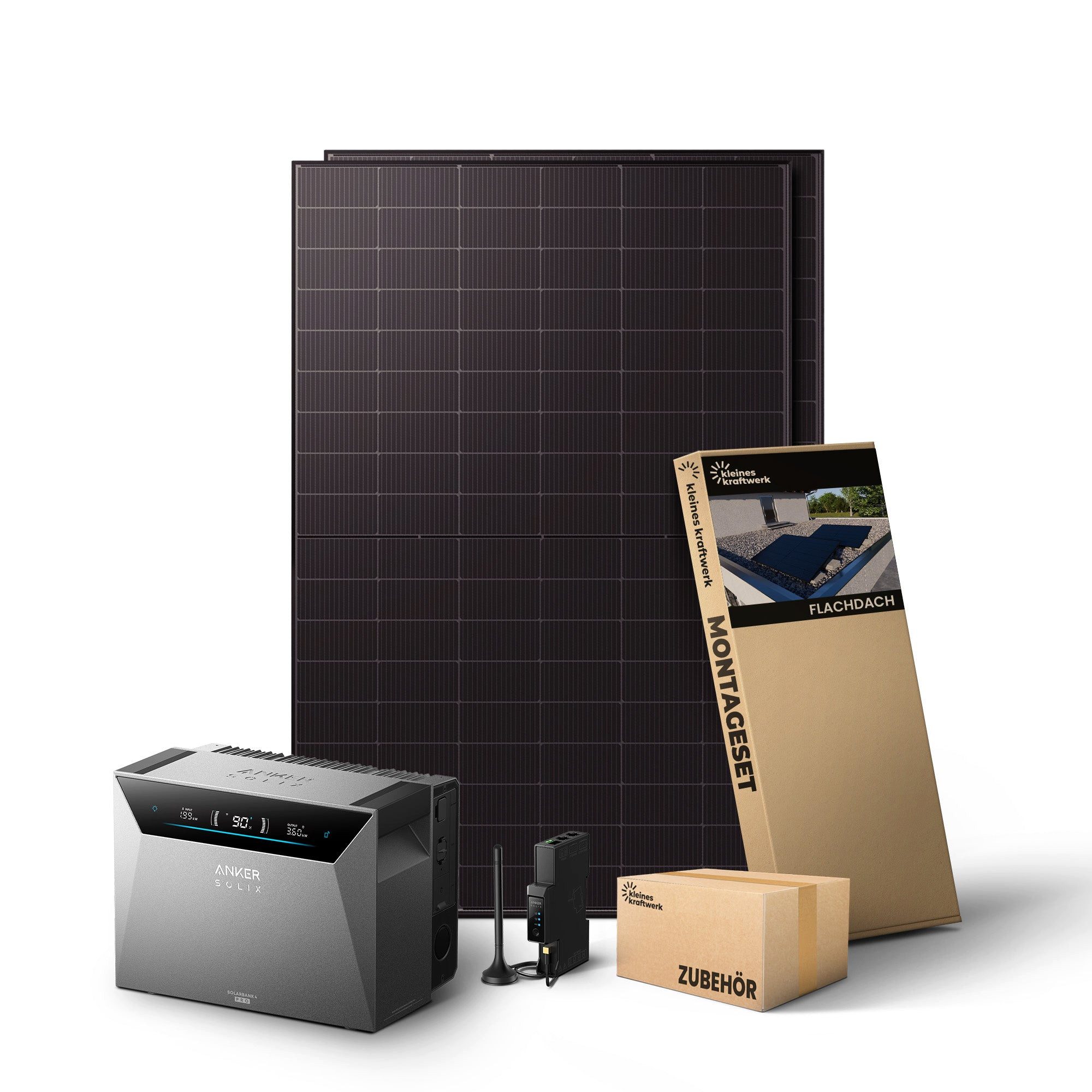 Kleines Kraftwerk Balkonkraftwerk, 1000 W, Monokristallin, (Flachdach/Garten, 0% MwSt für Privatkunden - Solaranlage Komplettset mit Speicher), 2 x 500W, Anker Solarbank 4 Pro