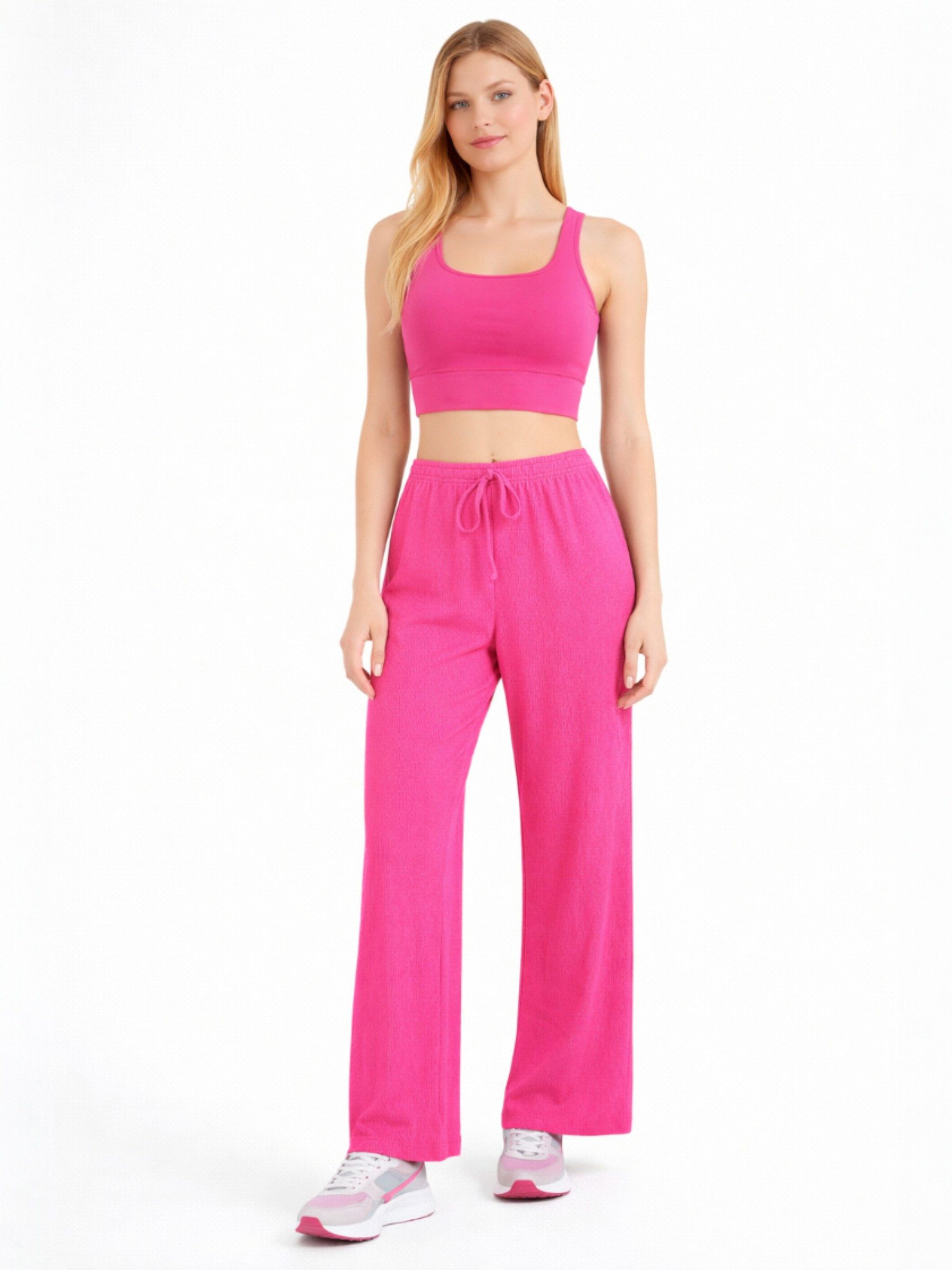 fashionshowcase Palazzohose Damen Crinkle Hose mit elastischem Bund & Tunnelzug lockere Beine hoher Bund, elastischer Tunnelzug