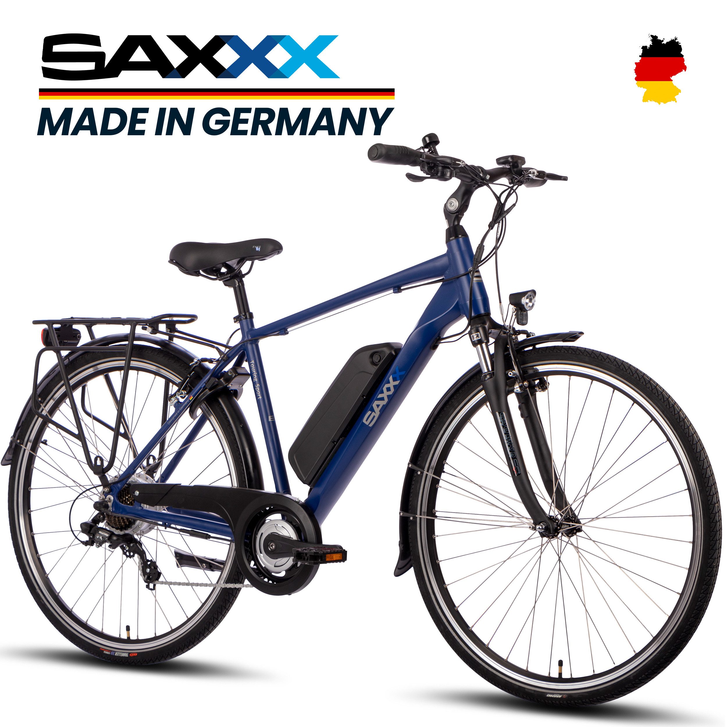 SAXXX E-Bike Trekkingrad 28x1,75'', Touring Sport, 374Wh, 90-100km, V-Brake, bis 130kg, Shimano Shimano Tourney 7 Gang Kettenschaltung Schaltwerk, Hinterradmotor, 374 Wh, 250W Pedelec Trekking E-Bike Herren, Akku entnehmbar, Gepäckträger