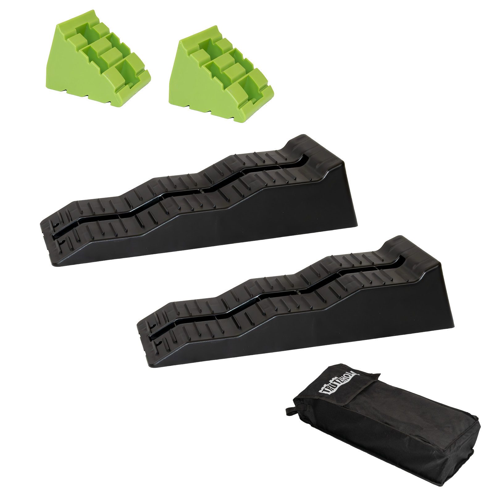 TRUTZHOLM Auffahrrampe 2 x Auffahrkeil mit extra Blocker 5T 56 x20x13 cm Stufenkeil 3 Stufen (einfach zu transportieren), Hohe Tragkraft,Rutschfeste Oberfläche,Kunststoff