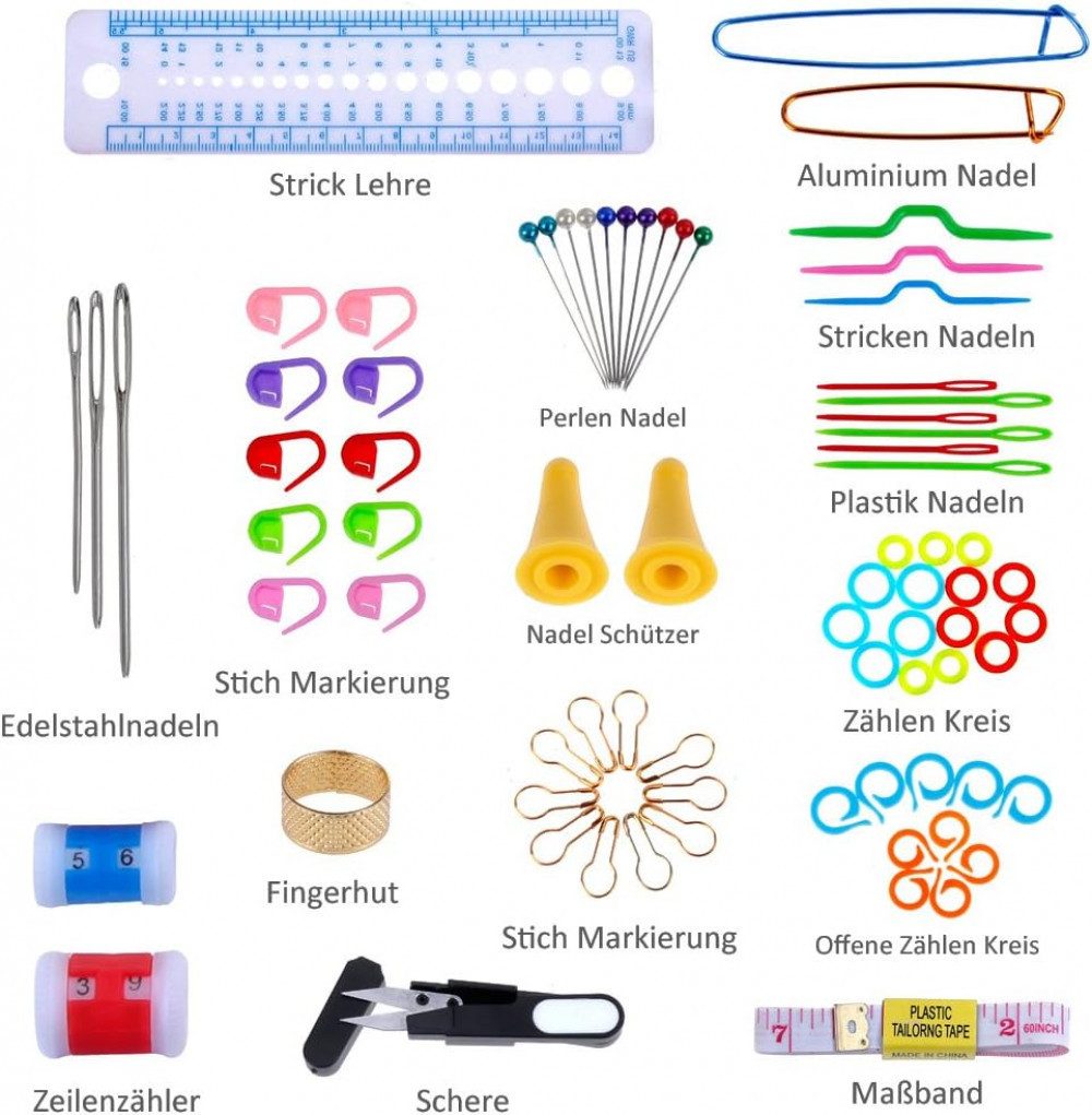 FELIXLEO Häkelnadeln Häkelnadel Set mit 100 pcs Stricknadeln Zubehöre und Tasche, EINWEG, 100 St.