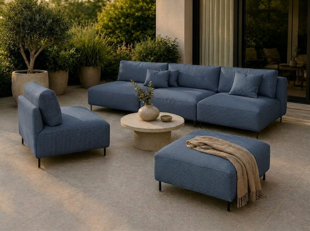 A&J MöbelLand GmbH Gartenlounge-Set Outdoor Lounge Set SUN – Sofa, Sessel und Hocker, (Outdoor Lounge Set für Garten und Terrasse, 3-teiliges modernes Garten Lounge Set), Wetterfestes Lounge Set für Garten und Terrasse