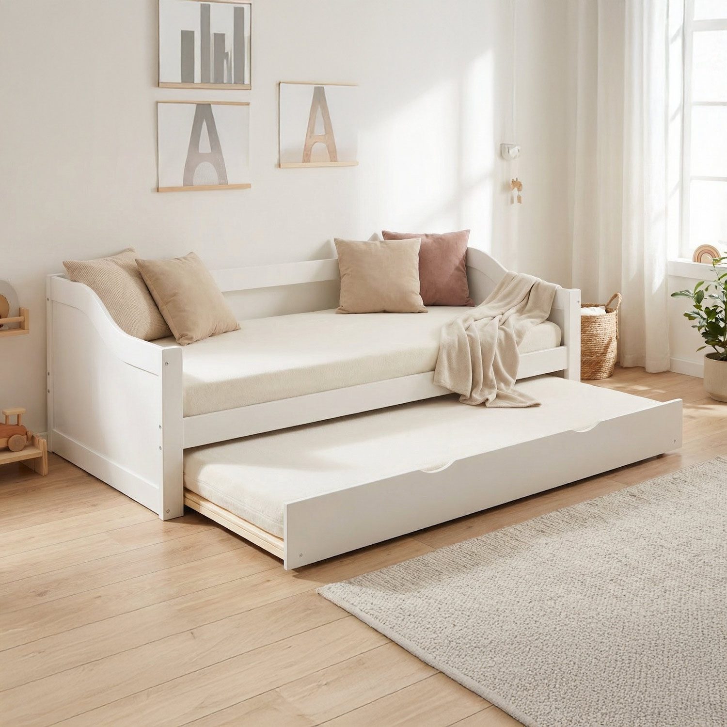 Homestyle4u Ausziehbett 90x200 Holz Gästebett mit Ausziehfunktion 2 Liegeflächen Doppelbett (Komplett-Set mit 2x Lattenrost), 1x 90x200, 1x90x190, 2 Personen/Kinder, Stauraumbett, ausziehbar