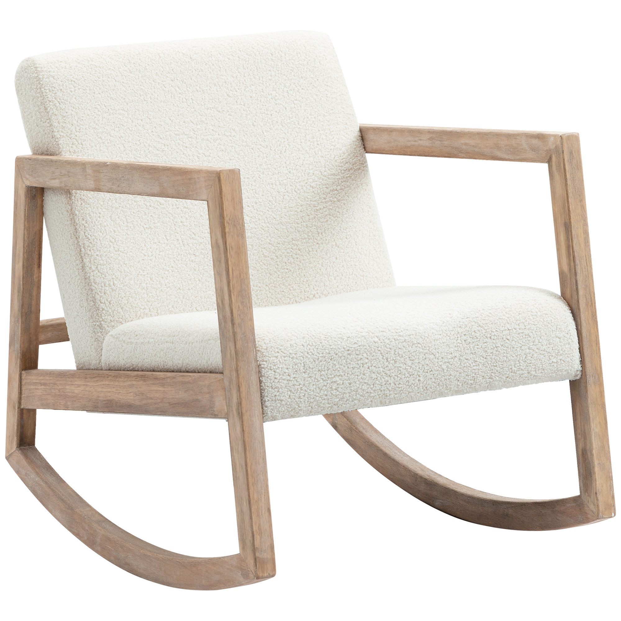 HOMCOM Schaukelstuhl gepolstert Relaxstuhl mit Holzrahmen (Loungesessel, 1 St), Kautschukholz Cremeweiß 60 x 81 x 71 cm