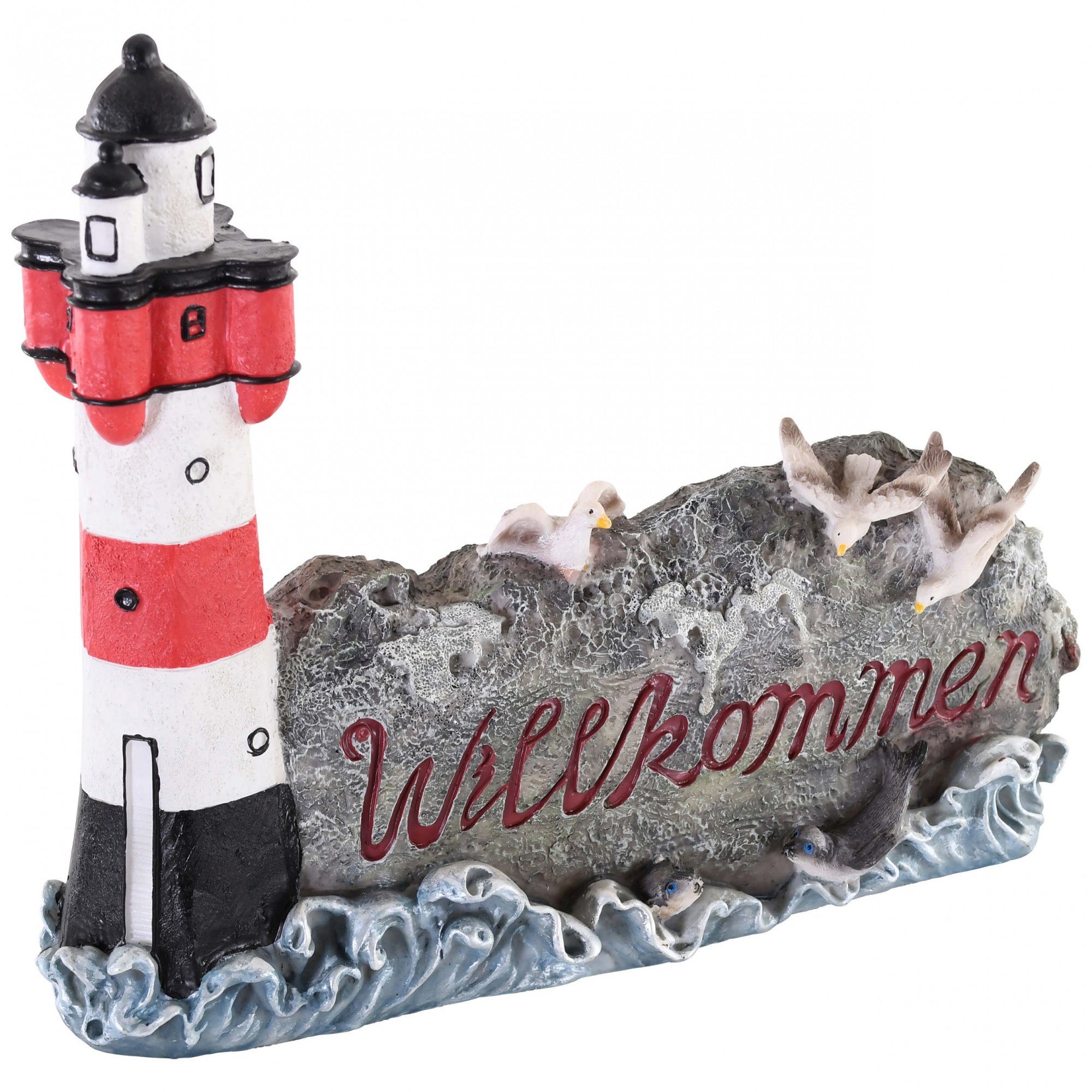 Raburg Dekofigur WILLKOMMEN mit Leuchtturm Roter Sand in ROT-WEIß, 24 cm x 30,5 cm, 100 % Polyresin, Kunstharz, wetterfest & pflegeleicht, handbemalt