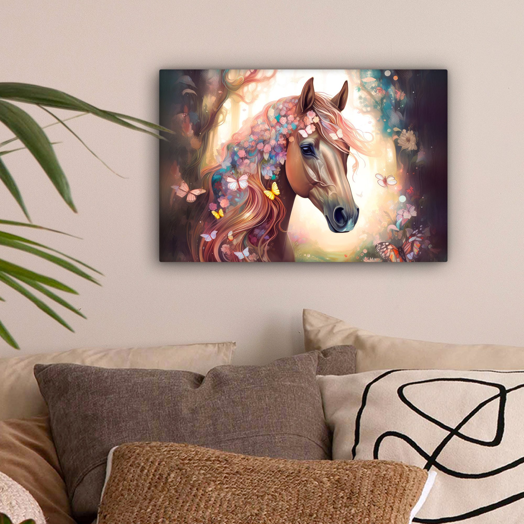 OneMillionCanvasses® Leinwandbild Pferd - Natur - Blumen - Schmetterlinge - günstig online kaufen