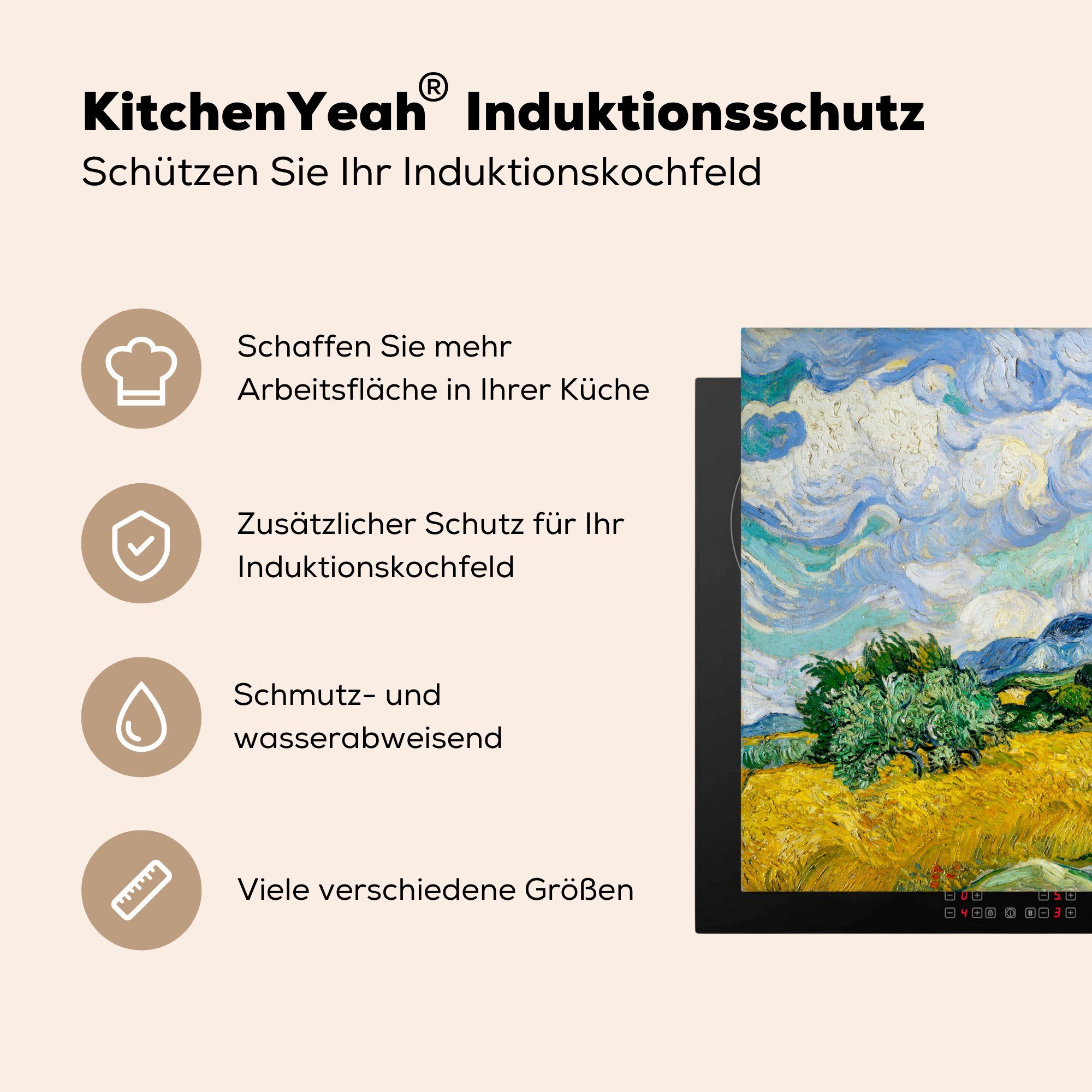 Gogh, Herdblende-/Abdeckplatte van Vinyl, Weizenfeld Vincent MuchoWow die küche, (1 Ceranfeldabdeckung Zypressen cm, tlg), Induktionsmatte - mit 59x52 für