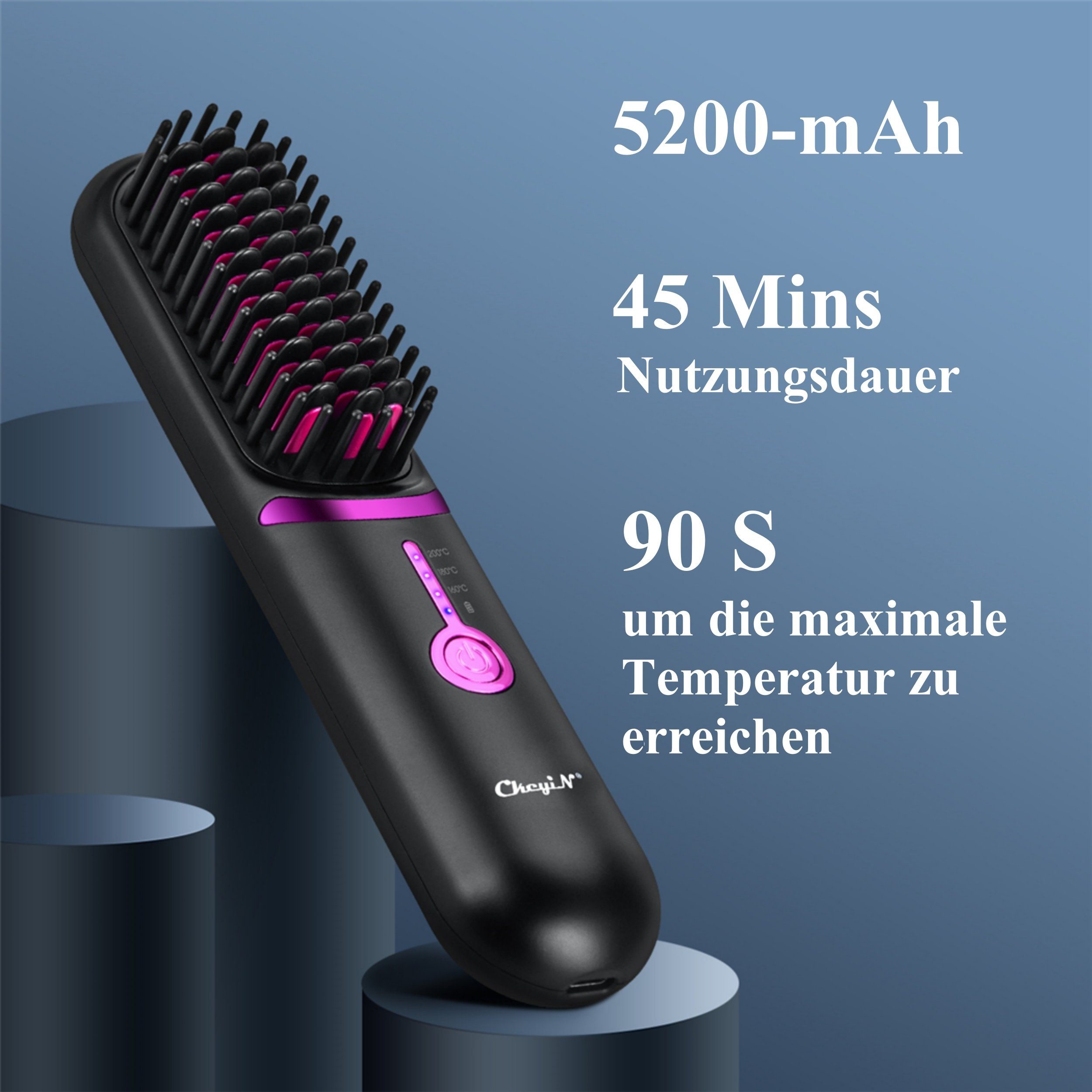 CkeyiN Elektrohaarbürste Kabelloser Beheizter Haarglättungskamm 3 Temperaturstufen 160-200℃, Negativ-Ionen-Technologie max. 60min Nutzungsdauer