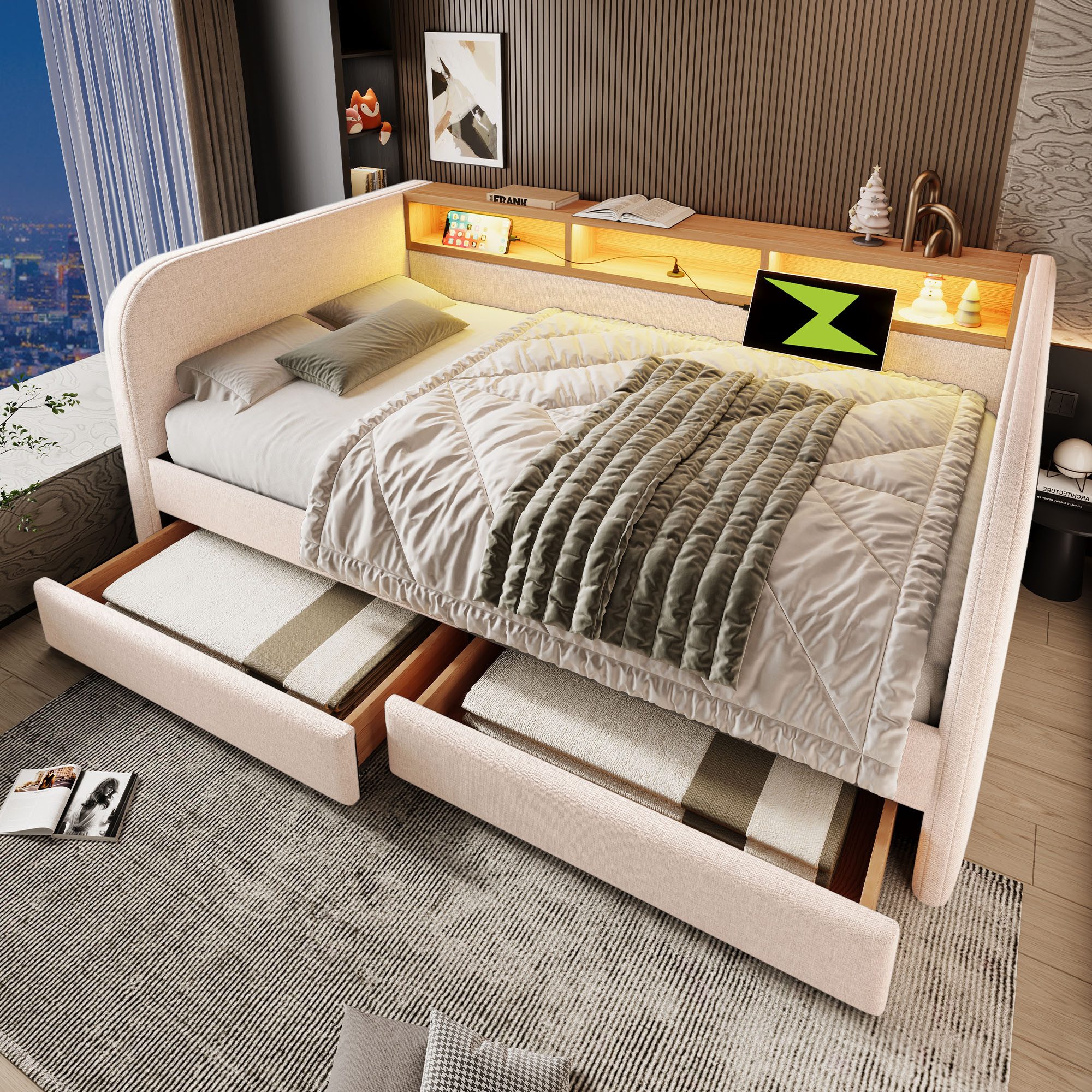 STILVORA Daybett mit 2 Schubladen,140×190 Jugendbett Bettgestell mit USB&TYPE-C,Beige (Tagesbett,Polsterbett), mit Schubladen, LED-Beleuchtung und USB-Ladeanschlüssen