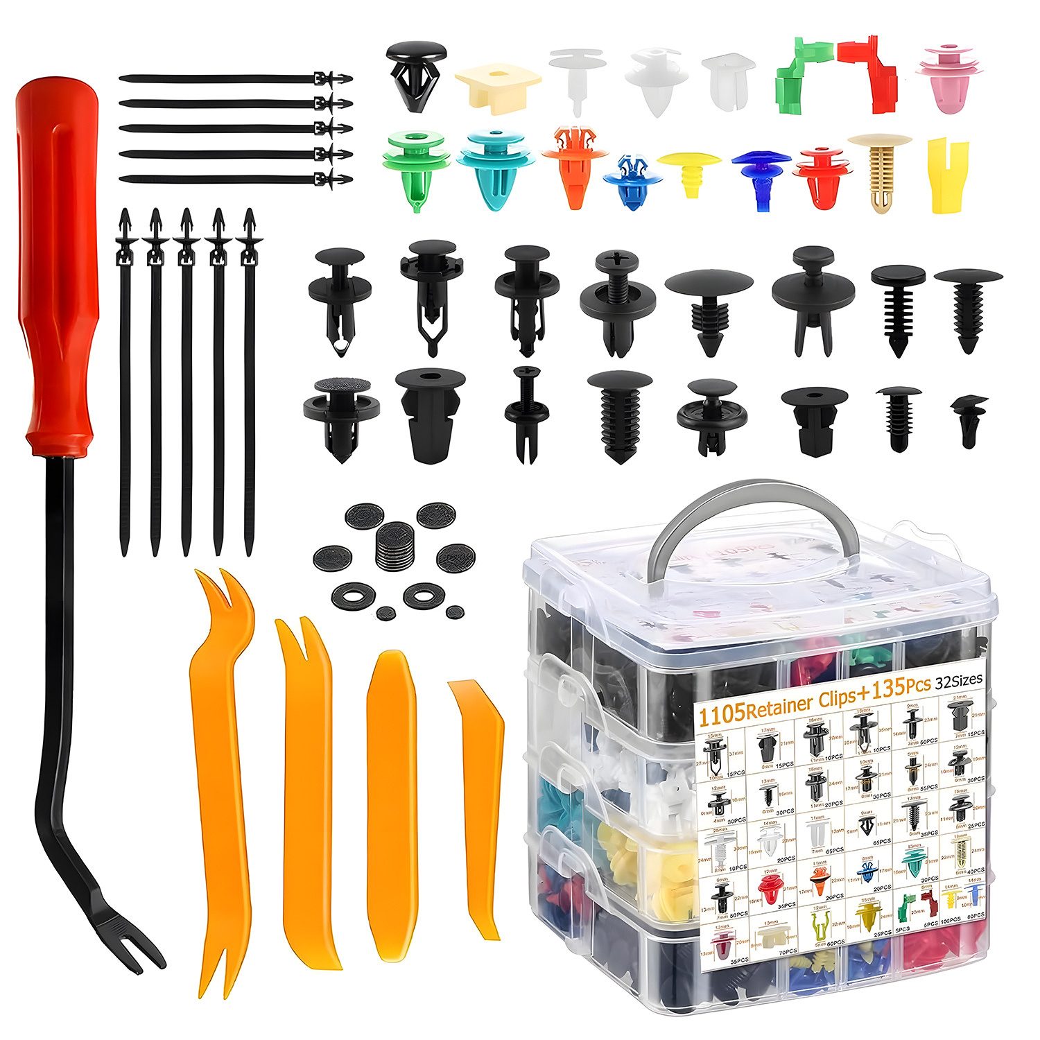 HEYHIPPO Schrauben- und Dübel-Set Auto-Clip-Set 1240-teilig, 32 Sorten – Nylon für Stoßstange & Tür, (Spar-Set, 1240 St., 32-teiliges Auto-Clip-Sortiment, für Stoßstange & Verkleidung), Universelles Befestigungsclip-Set für Auto – inkl. Ausbauwerkzeug