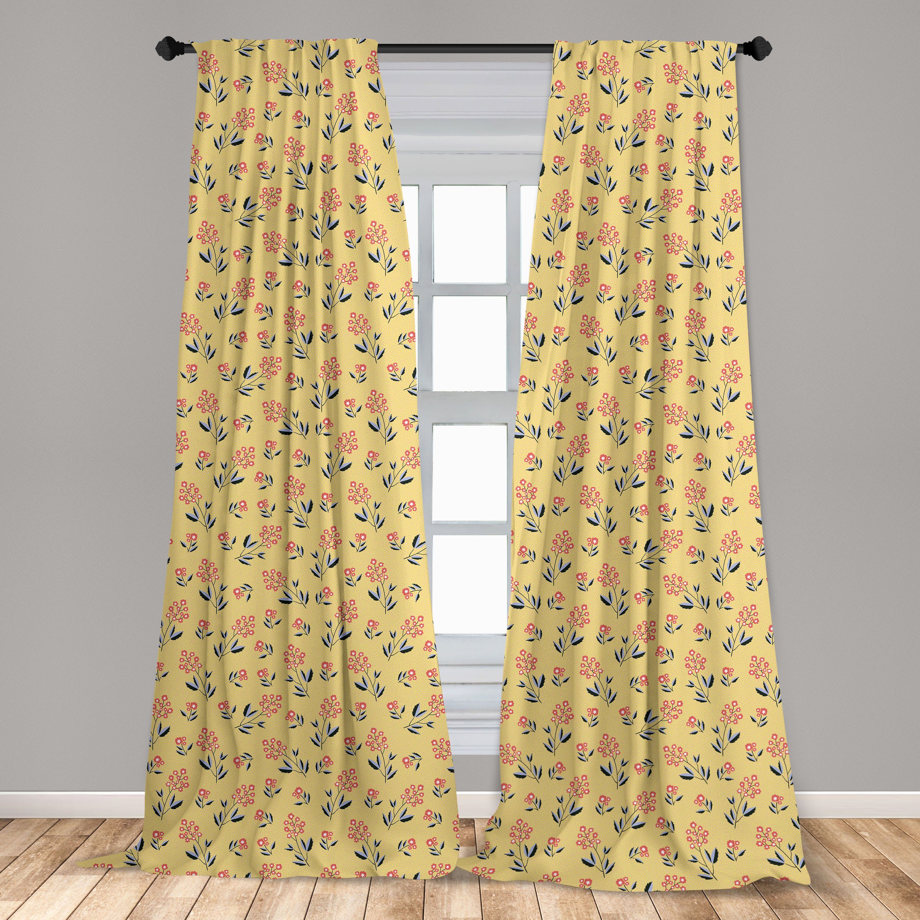 Gardine Vorhang für Microfaser, Schlafzimmer Dekor, Vintage Wohnzimmer Abakuhaus, Blumen Floral Gelb