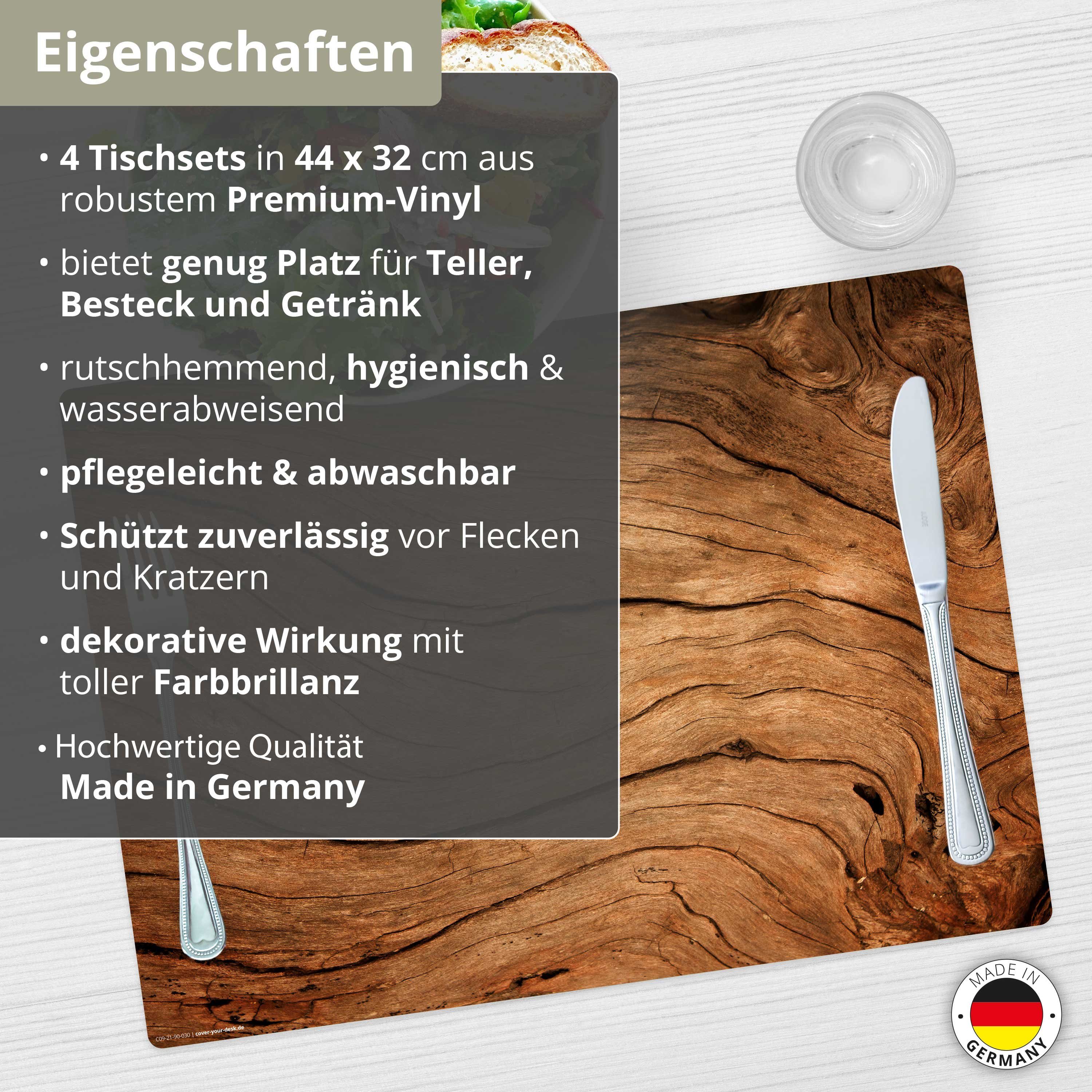 cover-your-desk.de Platzset Tischset, Platzset abwaschbar - Rustikales Holz für Landhausromantik, (aus erstklassigem Vinyl (Kunststoff - BPA-frei), 4-St., rutschfeste Tischunterlage in tollem Design), Made in Germany