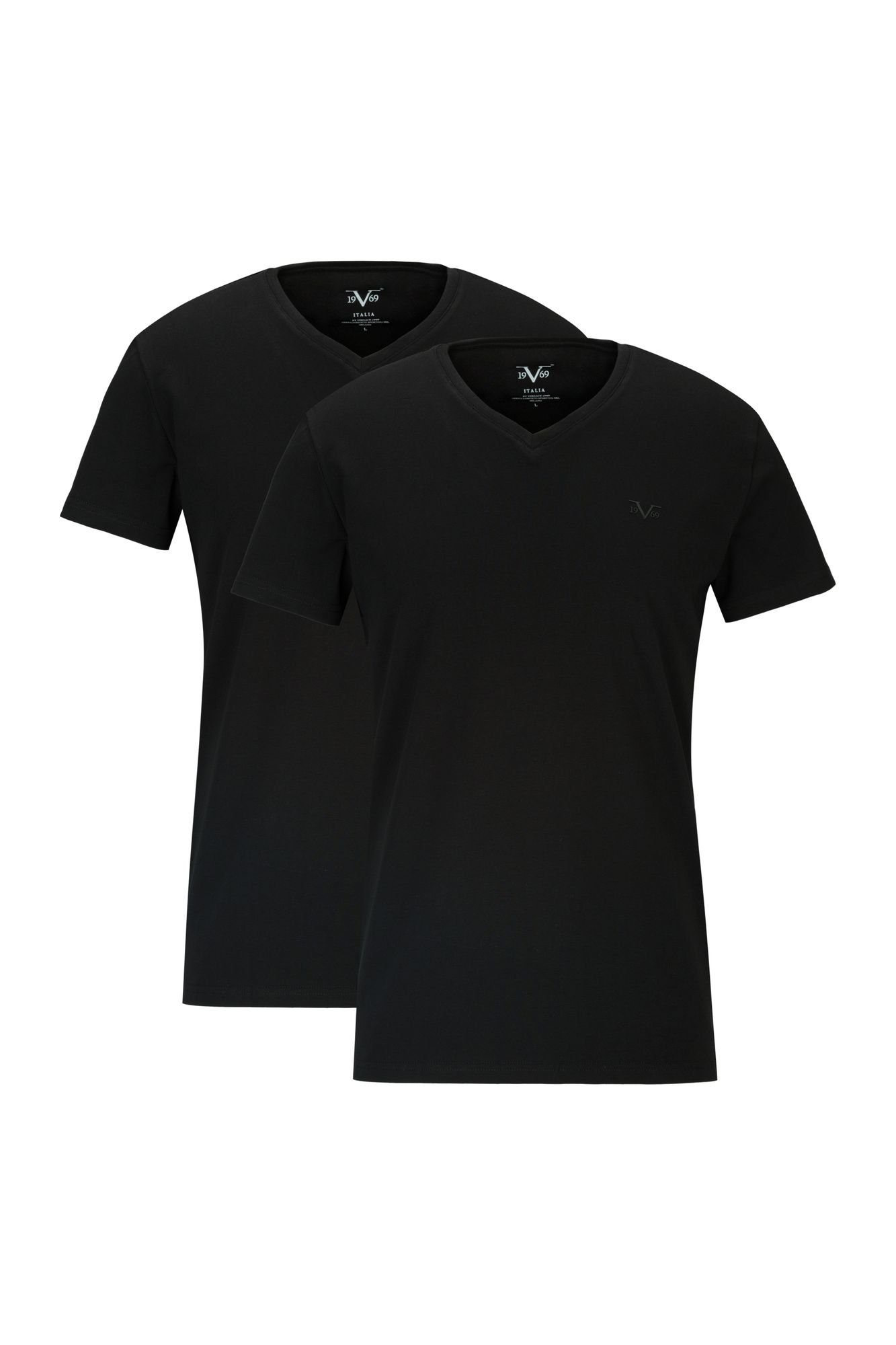 19V69 Italia by Versace T-Shirt Unterziehshirt Unterhemd mit Kurzarm V-Ausschnitt für Herren mit einem kleinem Ton-in-Ton Logo auf der Brust schwarz