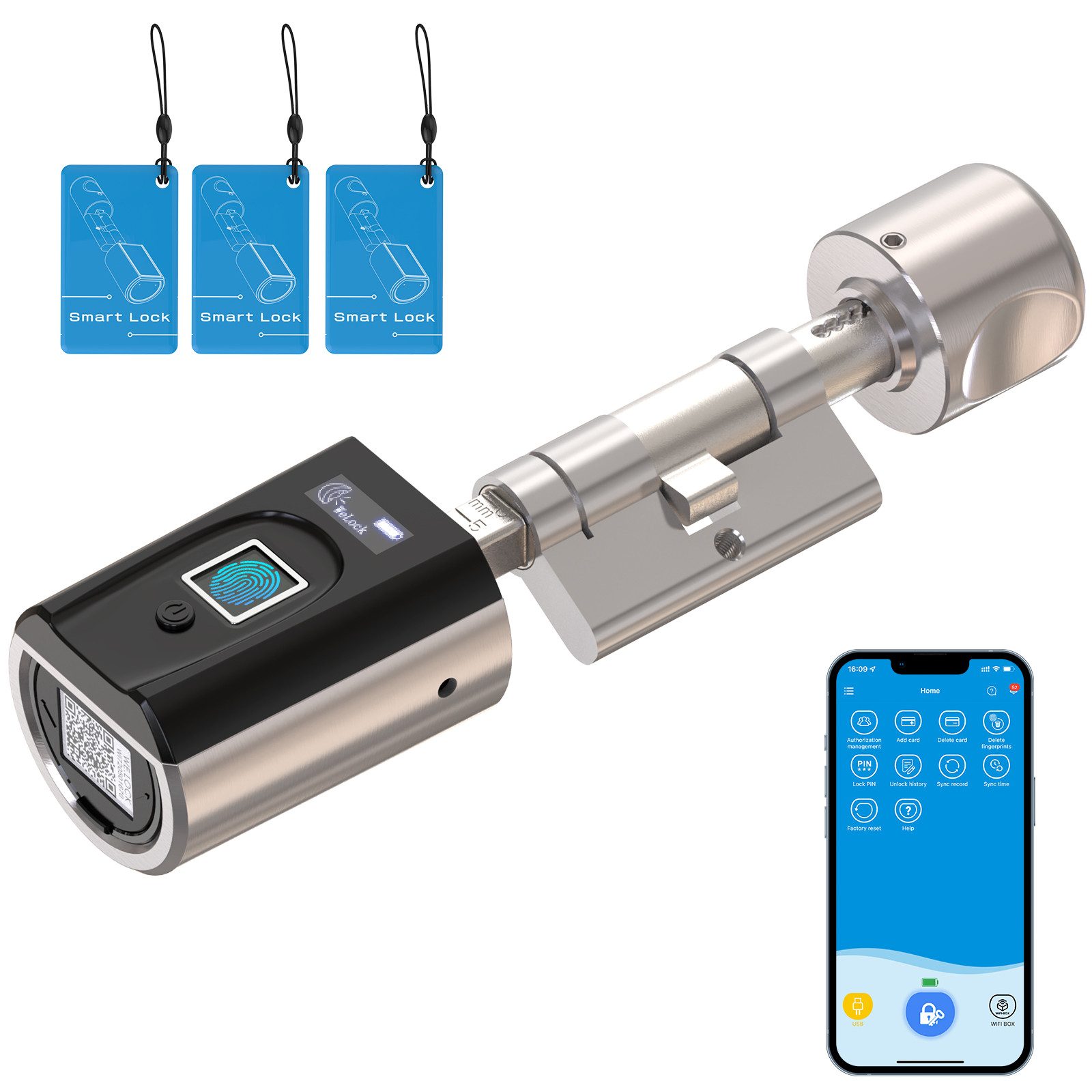 WE.LOCK Türschloss-Funksteuerung WELOCK Türschloss Fingerabdruck F51 für 30-70mm Türen, für Wohnungstüren, Zimmertüren, Bürotüren, Abstellraumtüren, Haustüren (Türen mit Traufe), Packung, Smartes türschloss x1, RFID-Karte x3, Anleitung x1, Zubehörbox x1,