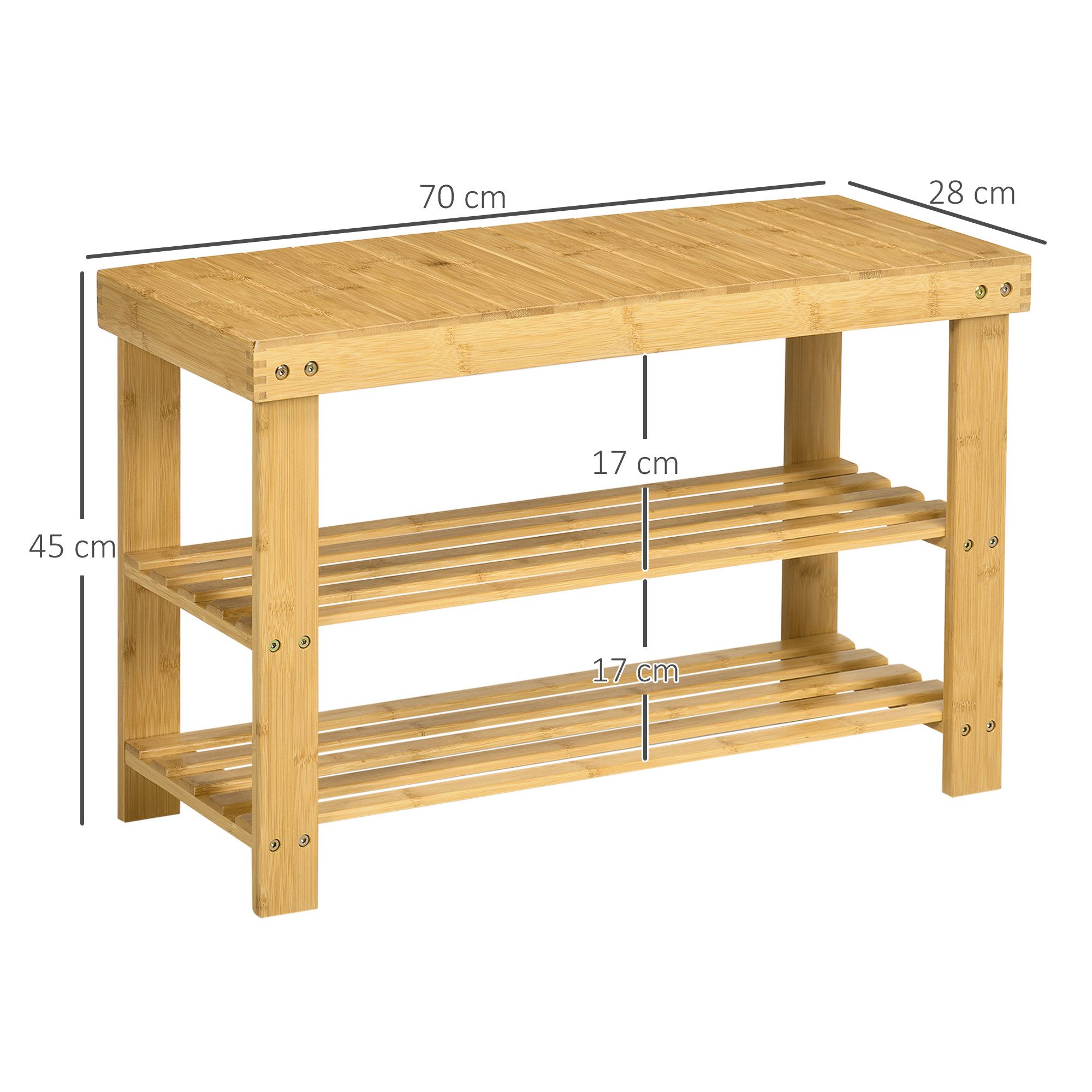 REDOM Schuhbank Bambus-Schuhbank, 3-stöckig, für 6 Paar Schuhe, pflegeleicht (Packung, 1-St., 70x28x45 cm Sitzbank & Schuhregal kombinierbar für Eingangsbereich), Praktische Aufbewahrungslösung für Schuhe & Accessoires im Alltag