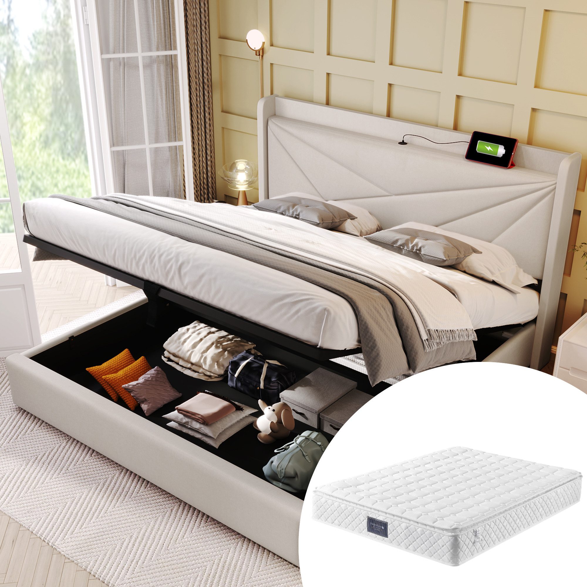 TavilaEcon Boxspringbett mit Bettkasten und USB Typ C, Größe wählbar von 140 bis 180 ×200 cm, 140x200cm, aus Leinenmaterial, Beige, mit Matratze