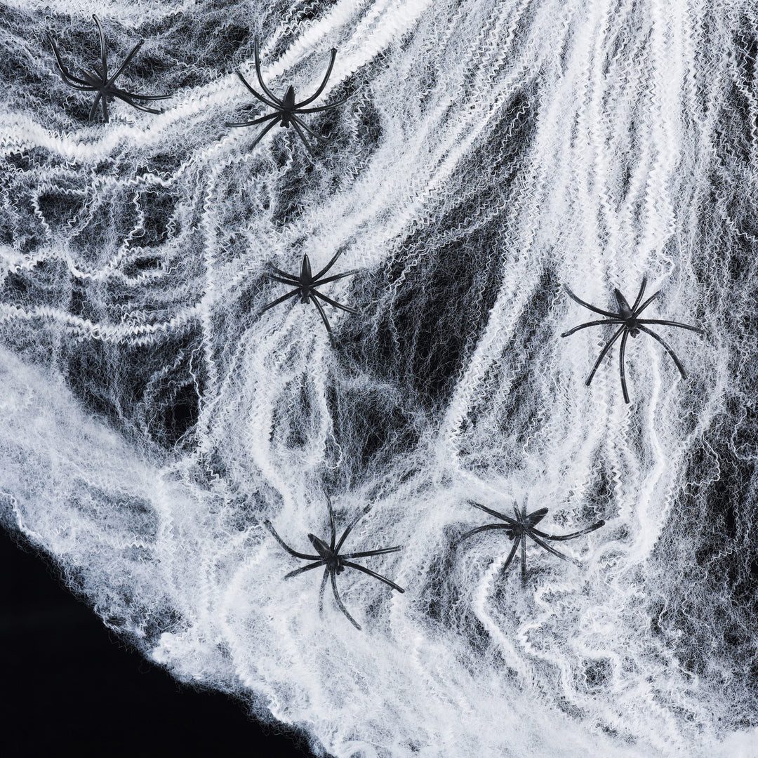 Lights4fun LED Dekolicht Spinnweben weiß mit 6 Spinnen