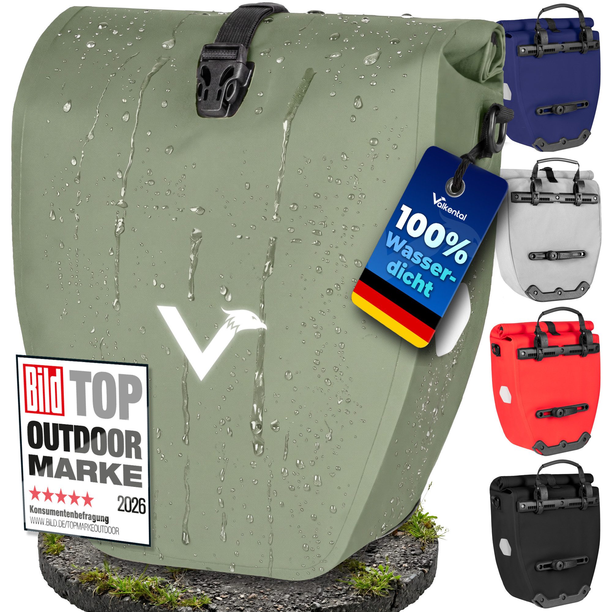 Valkental Fahrradtasche Gepäckträger wasserdicht & abschließbar, Gepäckträgertasche Fahrrad mit Großen Reflektoren 20L, 28L, 32L