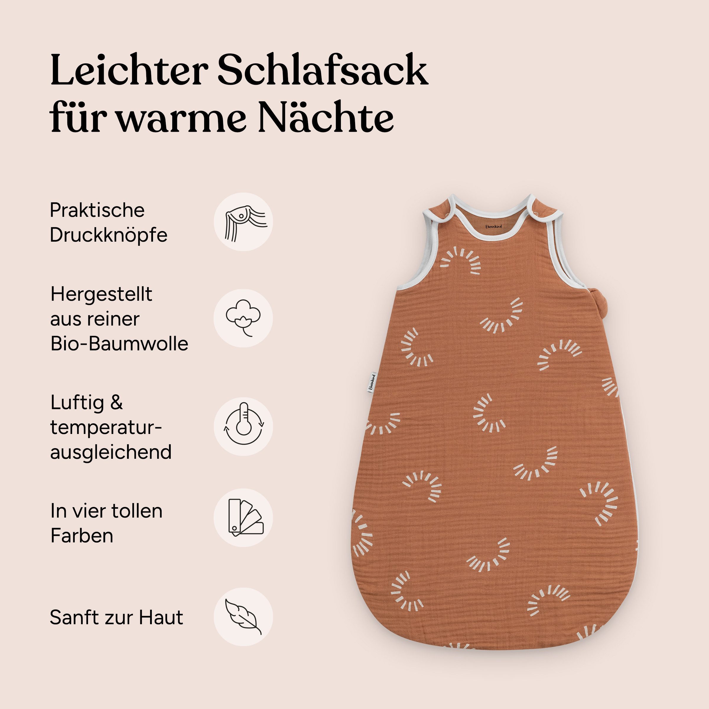 Ehrenkind Babyschlafsack Sommer 0.5 TOG, Rund aus Musselin (100 % Bio-Musselin, ohne Wattierung, leicht & atmungsaktiv, Jade Tropfen), ideal für warme Nächte