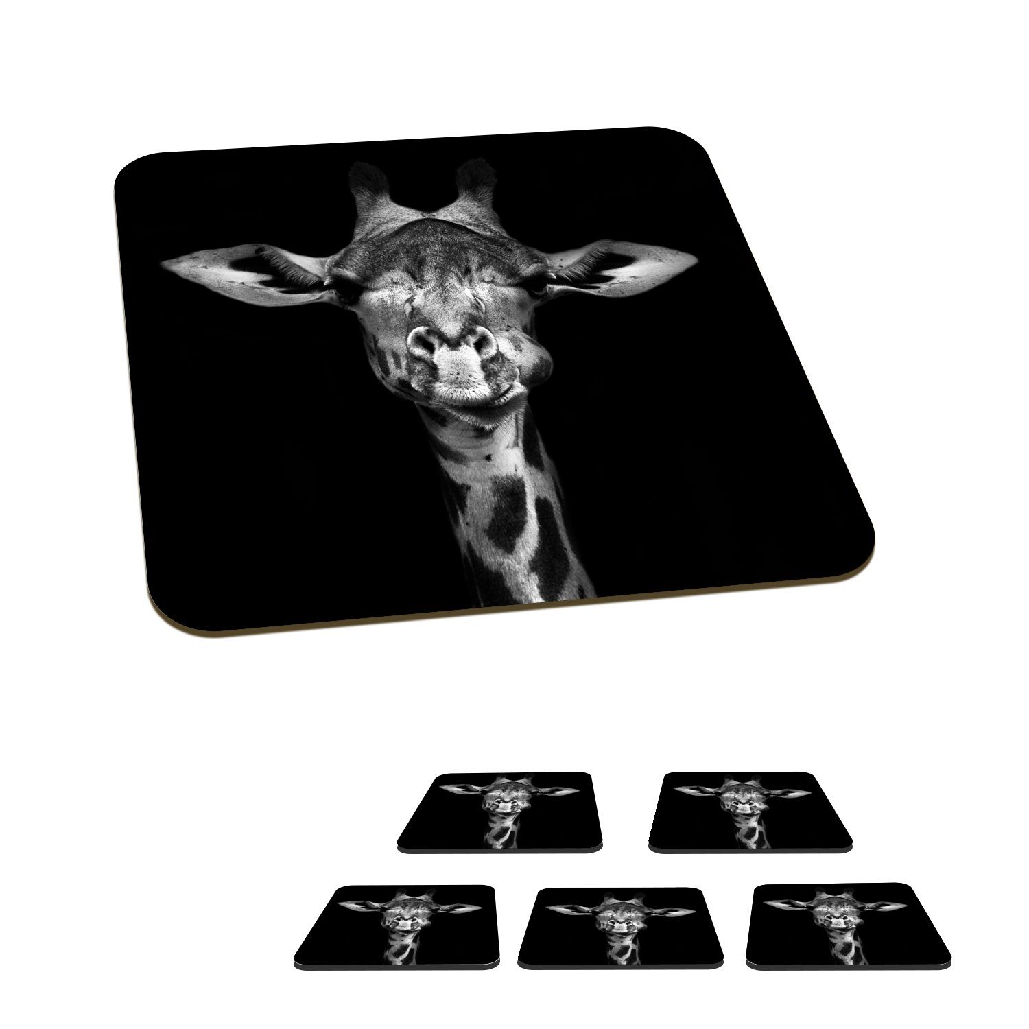 MuchoWow Glasuntersetzer Giraffe - Porträt - Tiere - Schwarz - Weiß, Zubehör für Gläser, 6-tlg., Glasuntersetzer, Tischuntersetzer, Korkuntersetzer, Untersetzer, Tasse