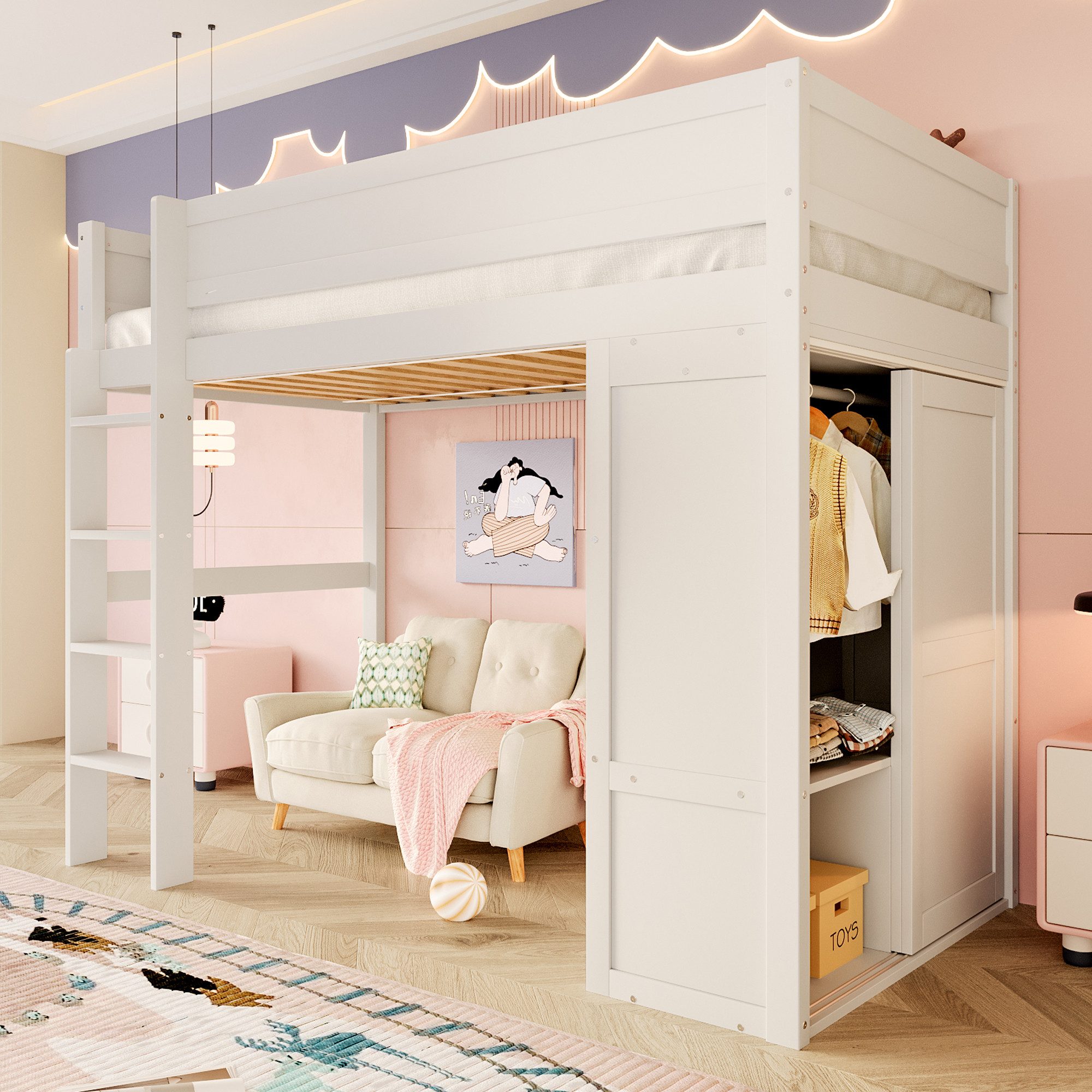 Flieks Hochbett Kinderbett Einzelbett 90x200cm mit Kleiderschrank