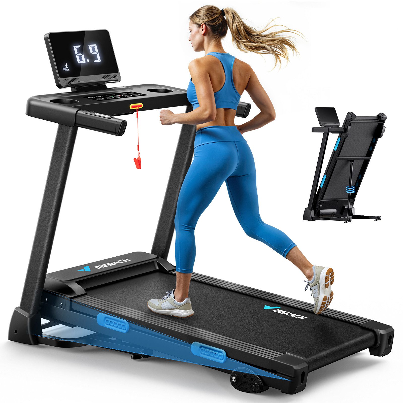 MERACH Laufband Elektrisches Laufband, Klappbares Laufband für Zuhause bis 12 km/h (2.5HP Steigung Walking Laufband, Leiser Motor, mit LED-Anzeige, APP und Tablet Holder), Herzfrequenzmessung, für Zuhause und Büro, Belastbarkeit bis 136kg