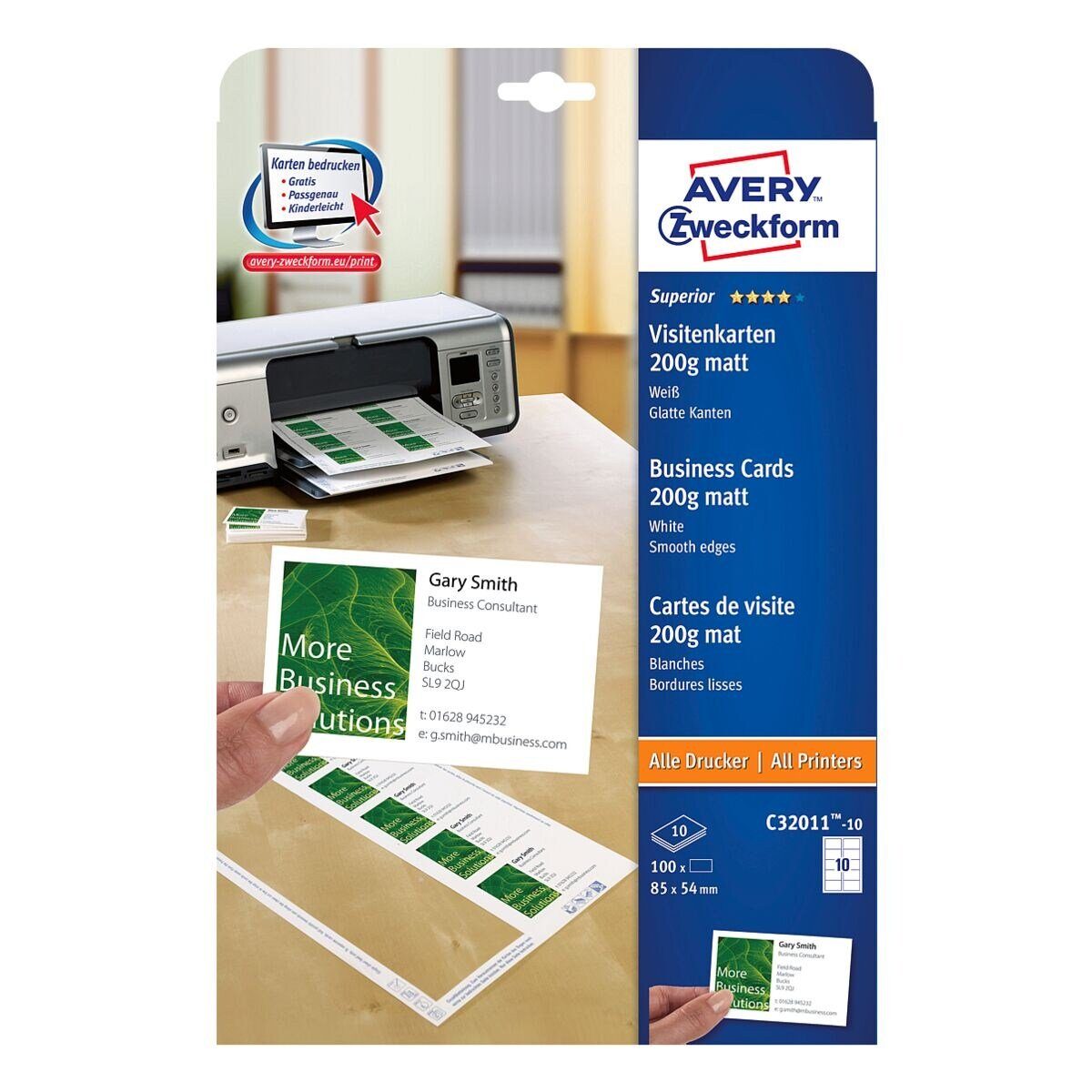 Avery Zweckform Visitenkarten C32011-10, weiß-matt, ohne Perforation, 200 g/m²