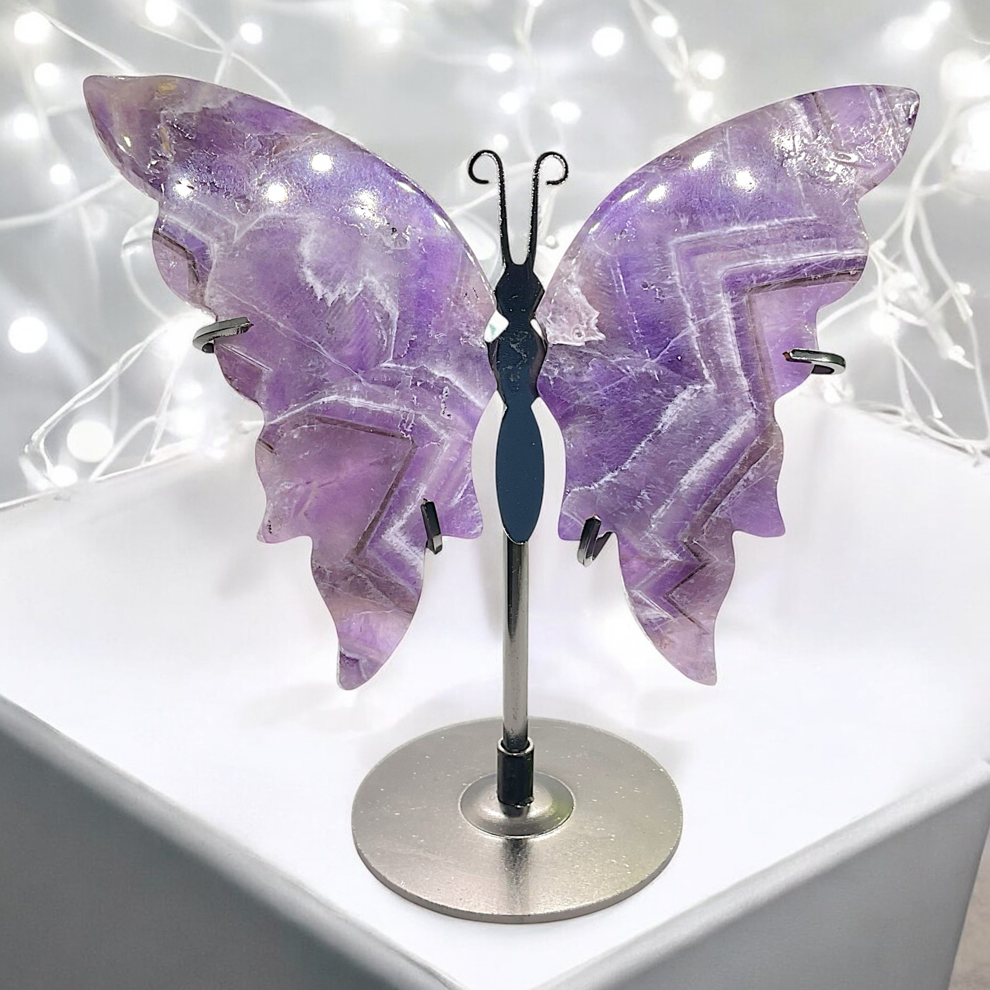 Steinfixx® Edelstein Schmetterlingsflügel aus Naturedelstein mit Ständer, (10-13cm und ca. 120gr., 1-St., Amethyst, mexikanischer Achat oder Regenbogenfluorit), – Bild 2 von 4