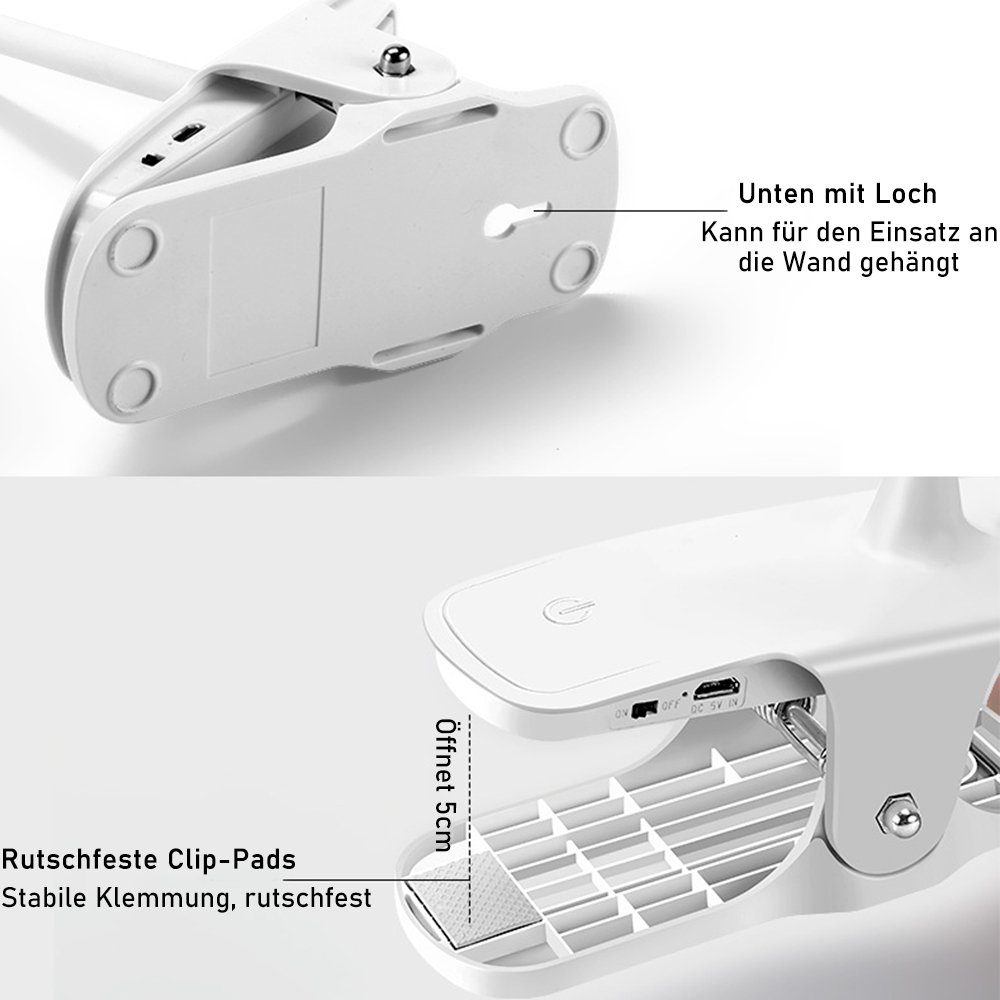 Modus Aufladbar Leselampe LED Klemmlampe, LED zggzerg Tischlampe, Touch-Steuerung,3 USB Akku