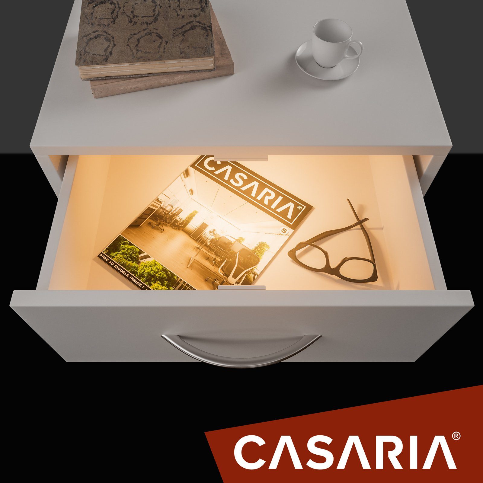 Casaria Nachttisch Eloise Kabelführung Boxspringbett Wandbefestigung 3 (1-St), Schubladen mit LED Weiß