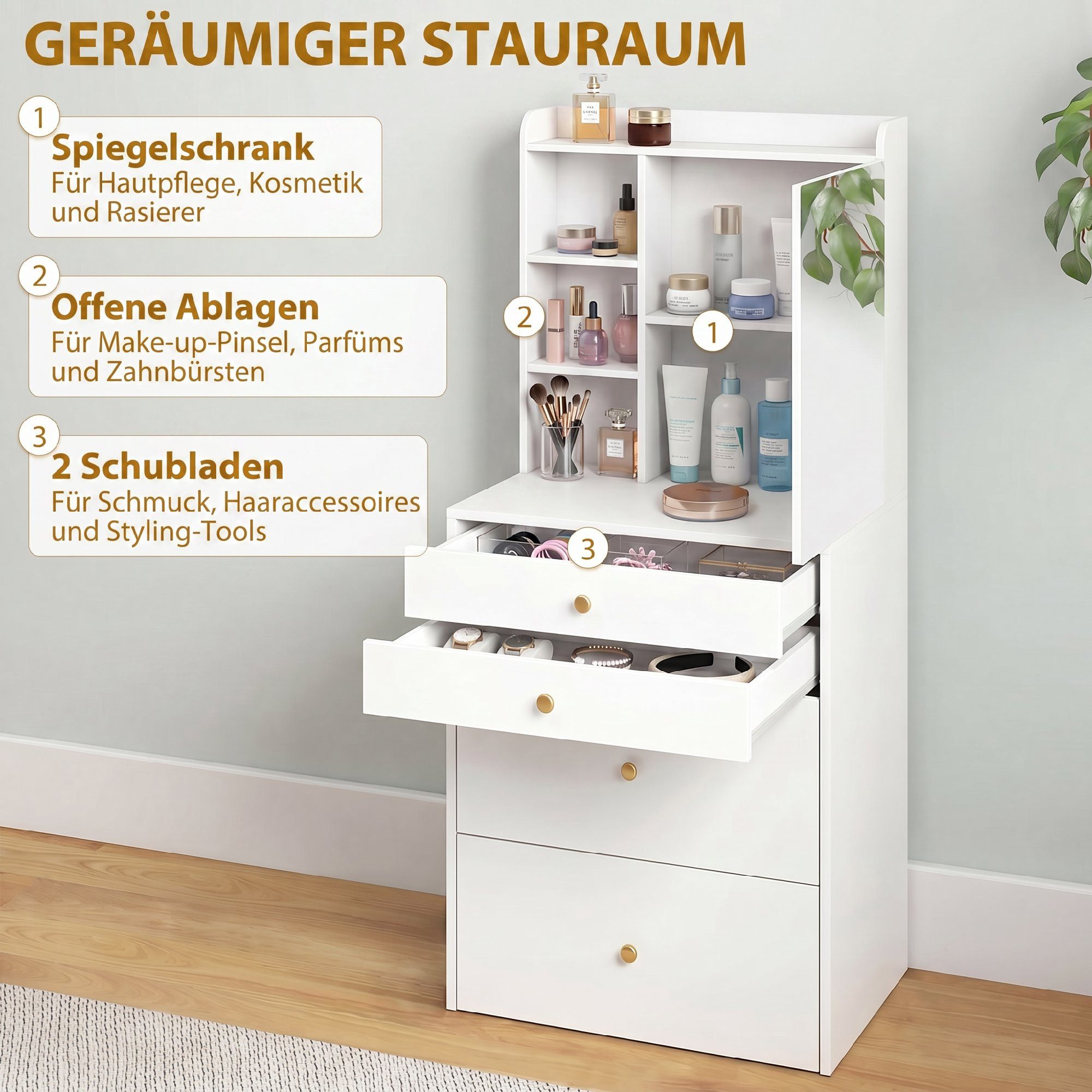 HOMCOM Schminktisch Frisiertisch mit Schrank, Schubladen (Set, 1-St., Schminktisch-Set), Hocker mit Stauraum und Rollen, kompakt, viel Stauraum – Bild 5 von 5