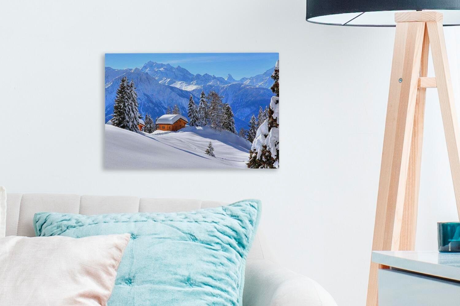 (1 cm Wanddeko, St), Leinwandbild Aufhängefertig, der Winterlandschaft Schweiz, Wandbild 30x20 Leinwandbilder, OneMillionCanvasses® Hütte in der