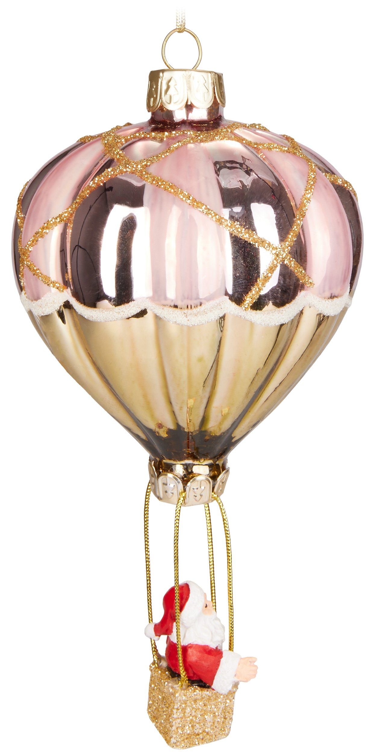 BRUBAKER Christbaumschmuck Weihnachtsmann im Heißluftballon Rosa Gold (1-tlg), Baumkugel aus Glas - Christbaumschmuck Figuren Anhänger Lustig 14 cm