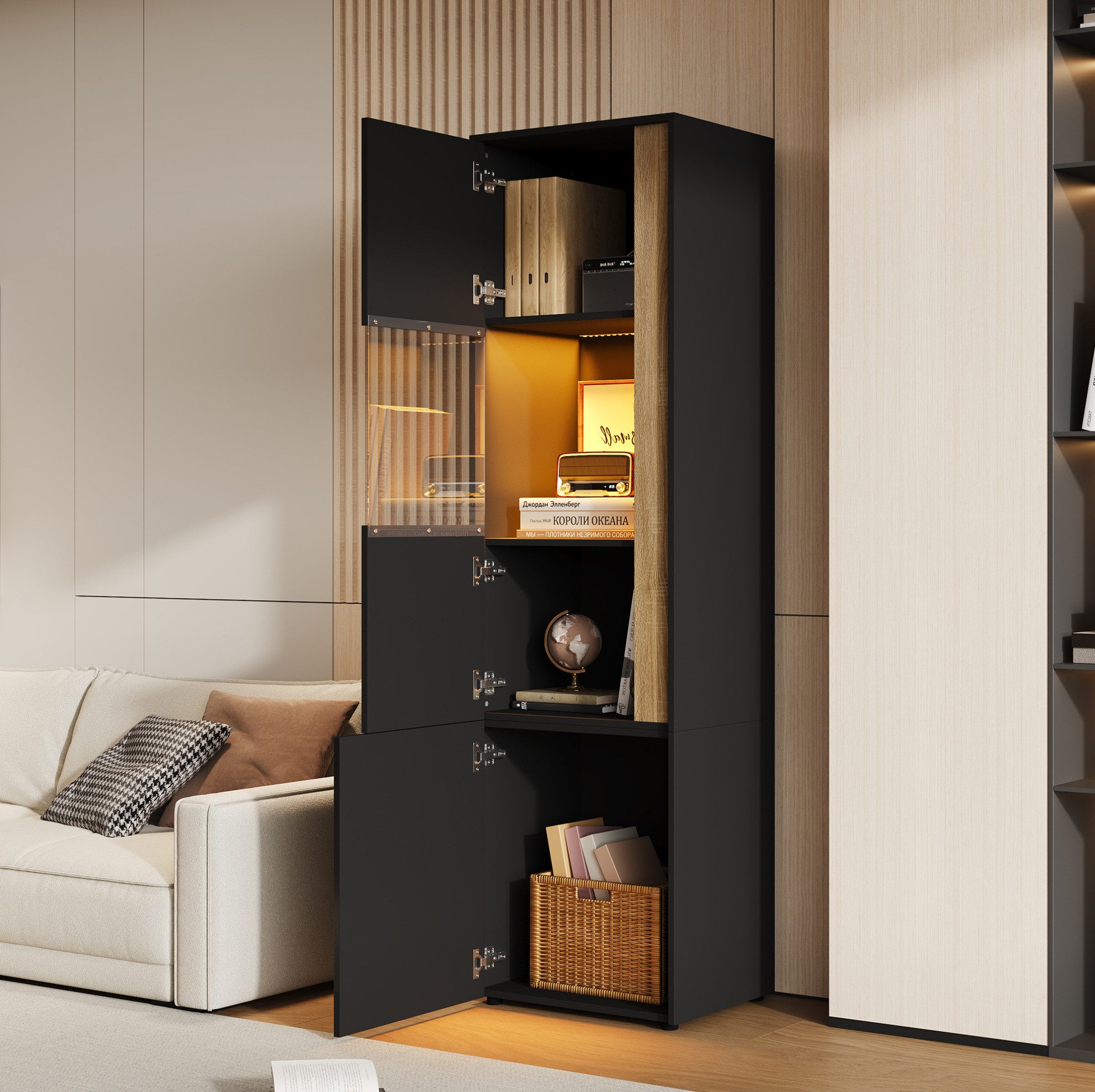 OKWISH Vitrine Hochschrank mit LED, Acryl-Tür und Holztür (Packung, 1-St., verstellbare Beleuchtung, für Wohnzimmer) Schwarz+Natur, 50x40x179 cm, Spanplatte