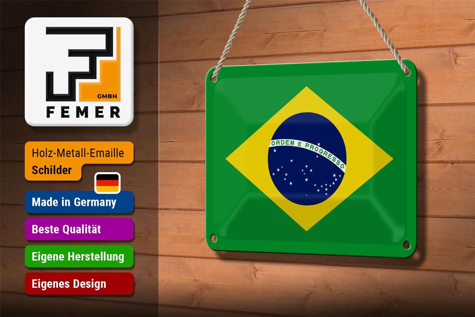 Femer GmbH Metallschild Flagge Brasiliens 18x12cm Flag of Brazil, (1 St), gewölbte Oberfläche, abgerundete Ecken, umgeschlagene Kanten
