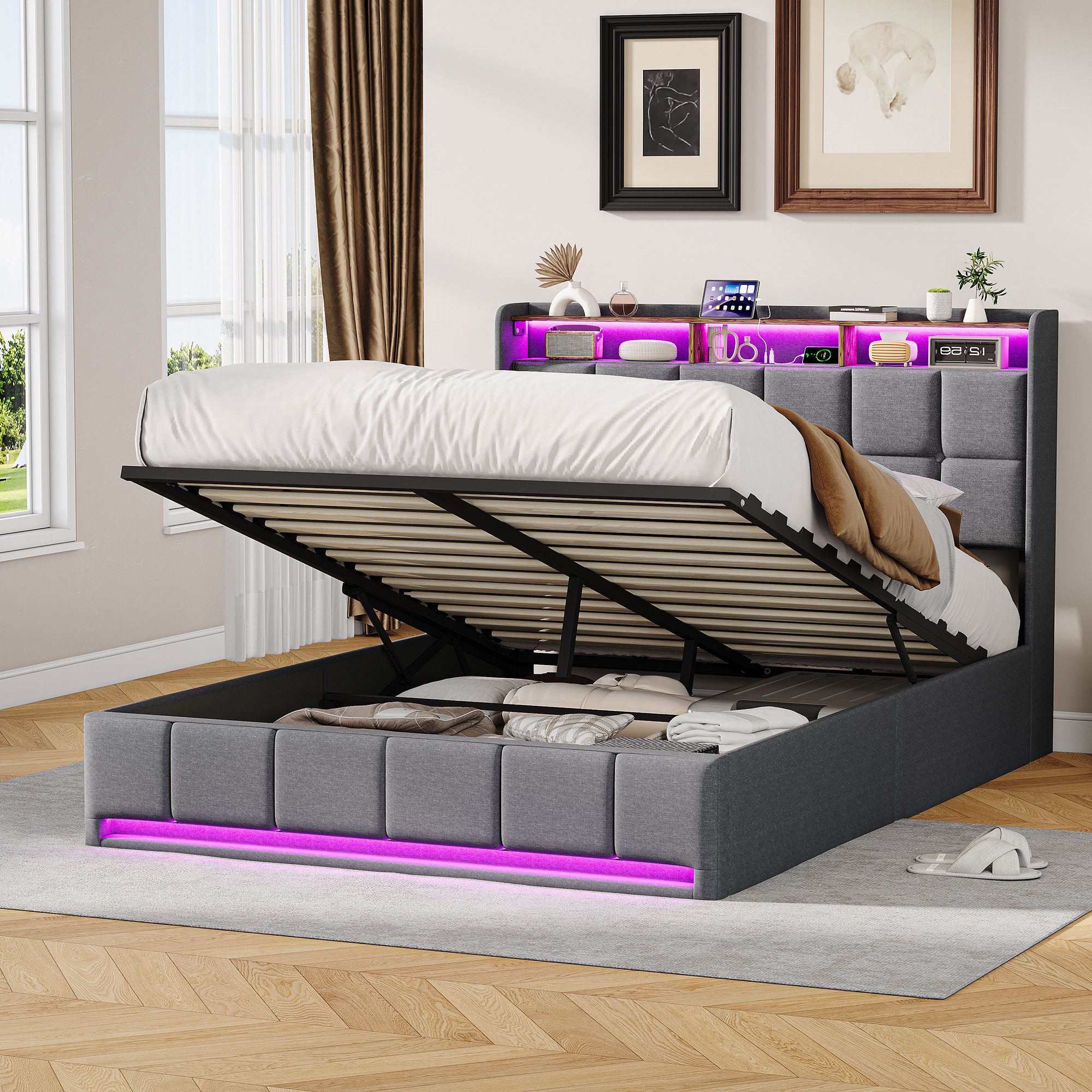ADWOLT Polsterbett LED Hydraulisches Doppelbett Bett mit Stauraum (Set, 1-tlg., 160x200cm Stauraumbett), Bettgestell mit Lattenrost,Leinenmaterial,ohne Matratze,Grau