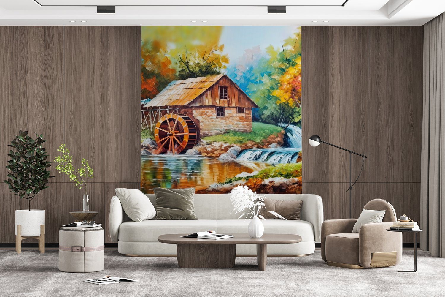 - - Landschaft Fototapete MuchoWow - Wandtapete Zuhause Wohnzimmer, Malerei St), (4 Kunst - Montagefertig für Herbst, Tapete Matt, bedruckt, Vinyl