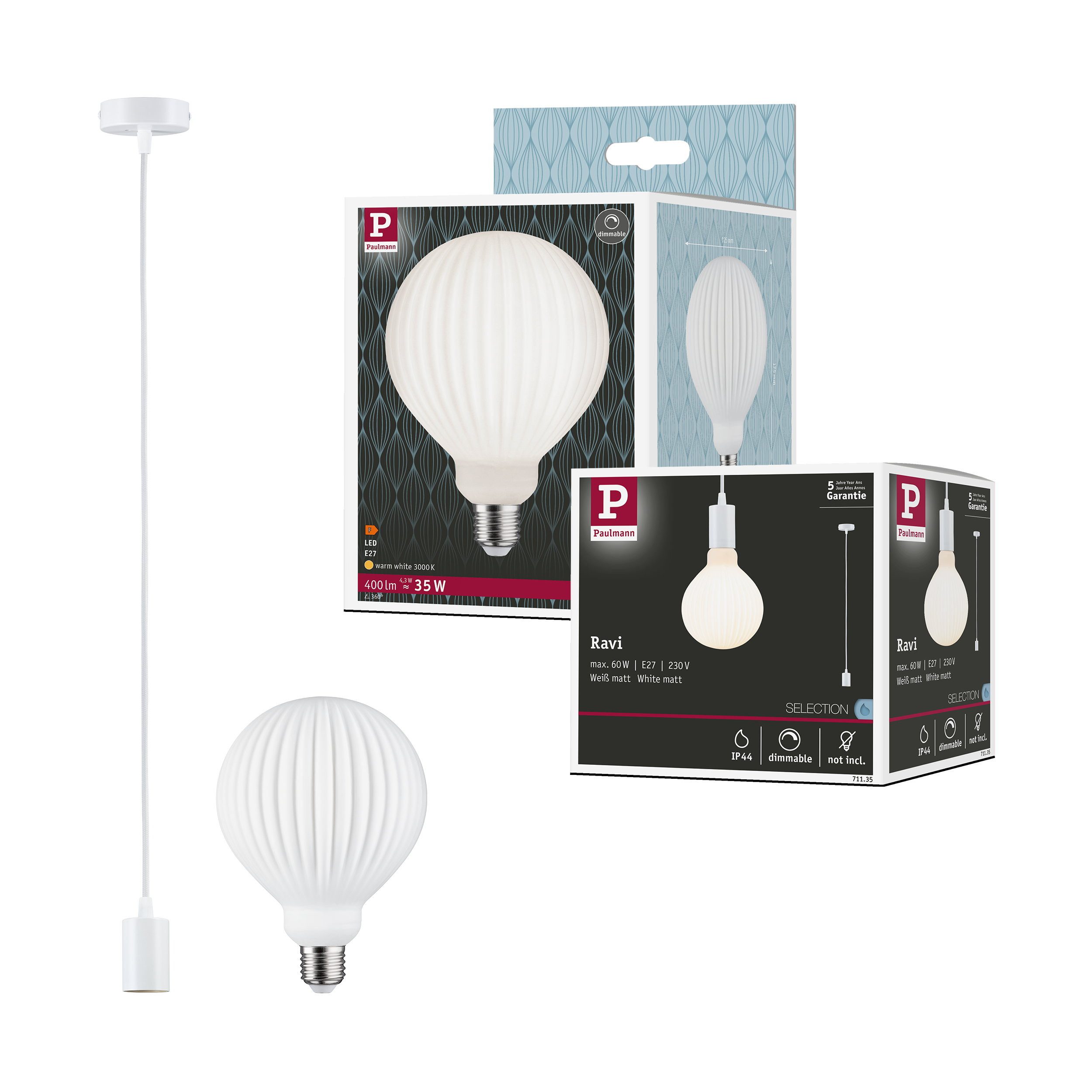 Paulmann Pendelleuchte Pendelleuchte Ravi IP44 E27 3000K 400lm 4,3W Weiß matt dimmbar