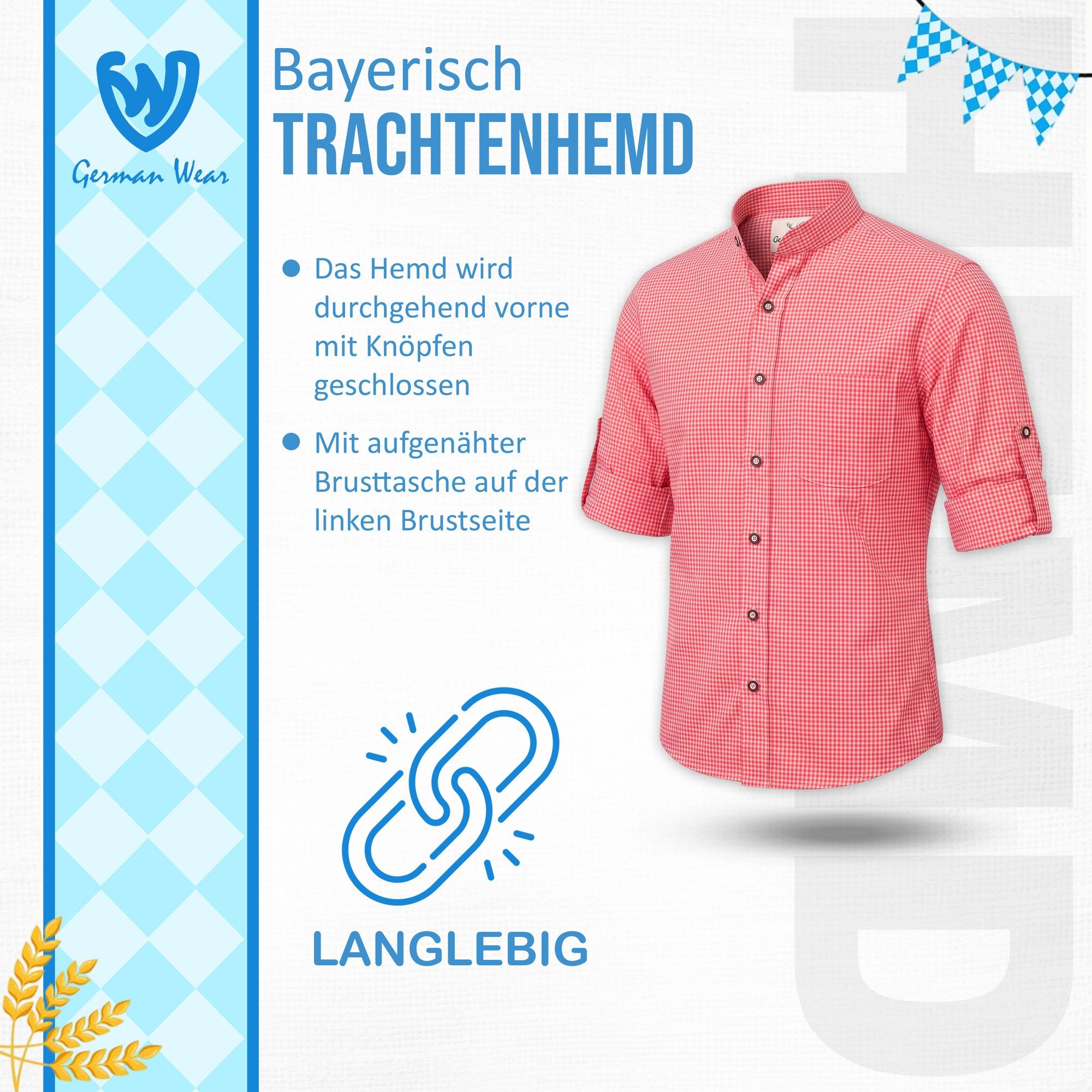 German Wear Trachtenhemd GW1203-SK Trachtenhemd mit Stehkragen für Trachtenlederhosen kariert – Bild 5 von 5