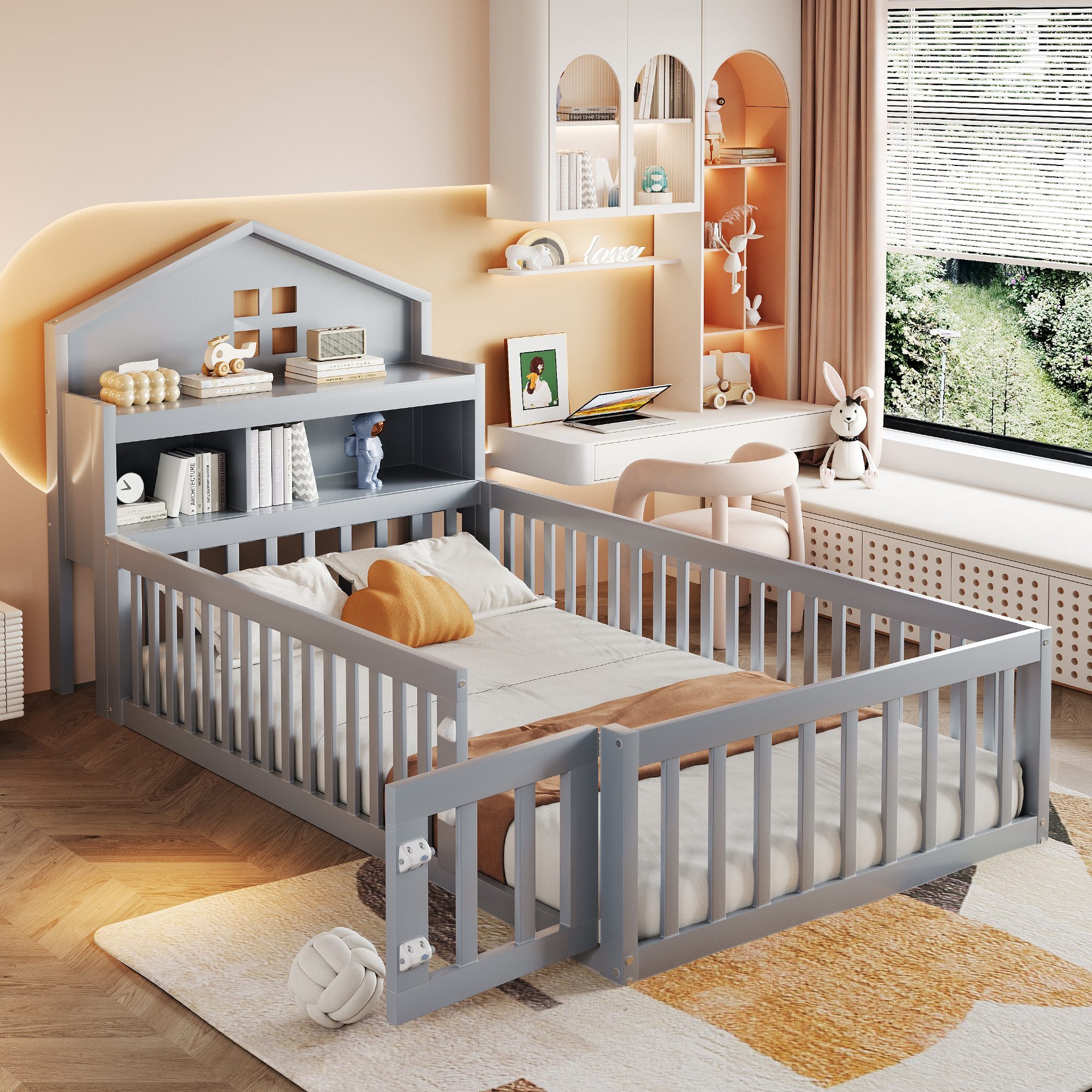 Merax Kinderbett 90x200cm mit Tür, Regal günstig online kaufen
