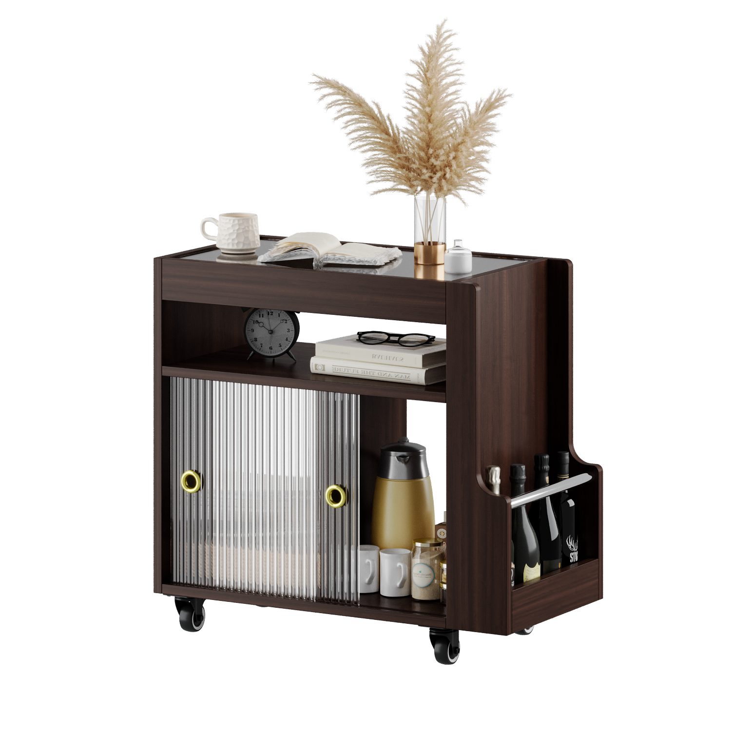 FUFU&GAGA Beistelltisch Rollbarer Beistellwagen mit Glasplatte, dunkelbraun, MDF, 60×30×56 cm