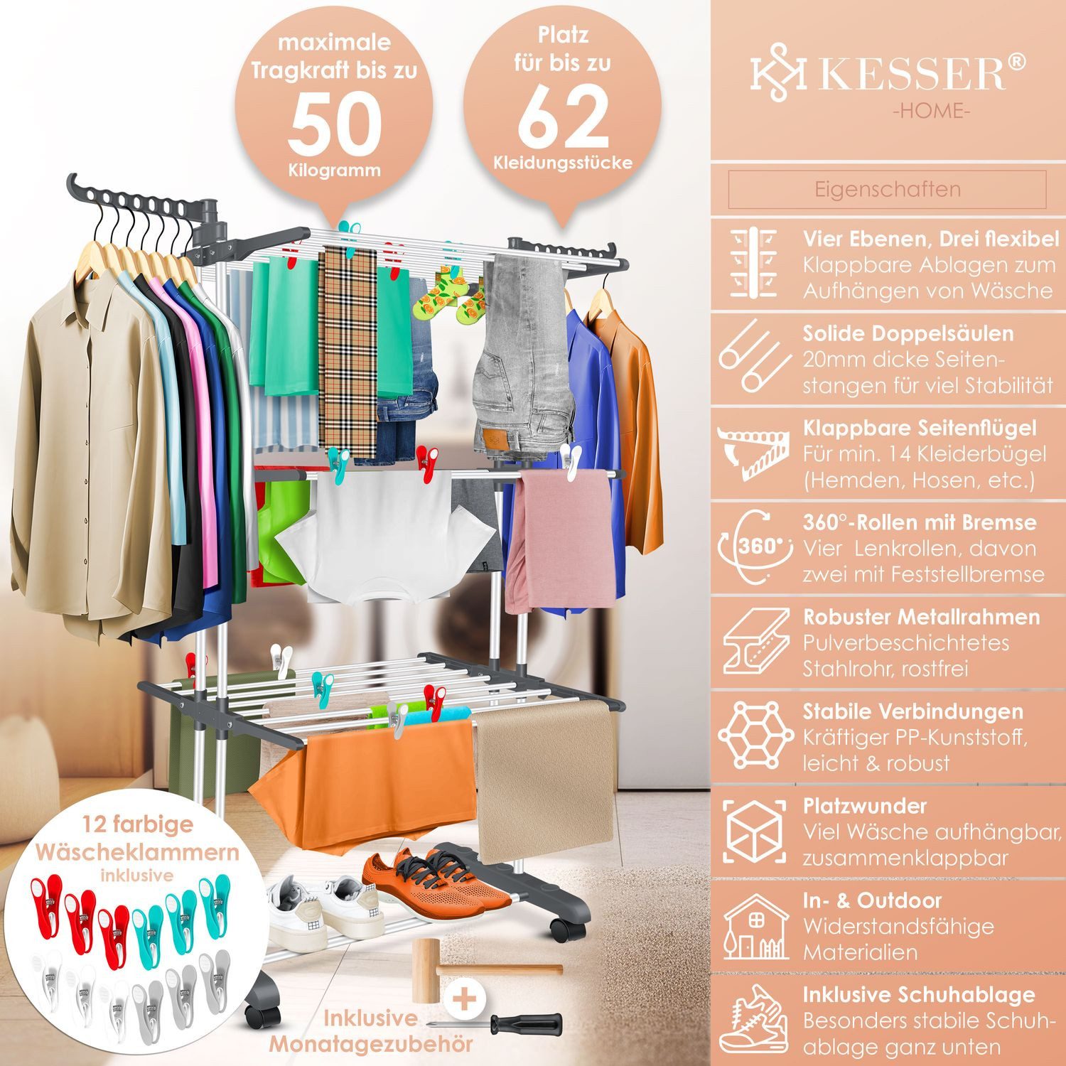 KESSER Wäscheständer Turm mit Rädern Platzsparender Wäschetrockner für Innen & Außen, 4-Etagen 2 drehbare Seitenflügel und 6 klappbare Ebenen Standtrockner