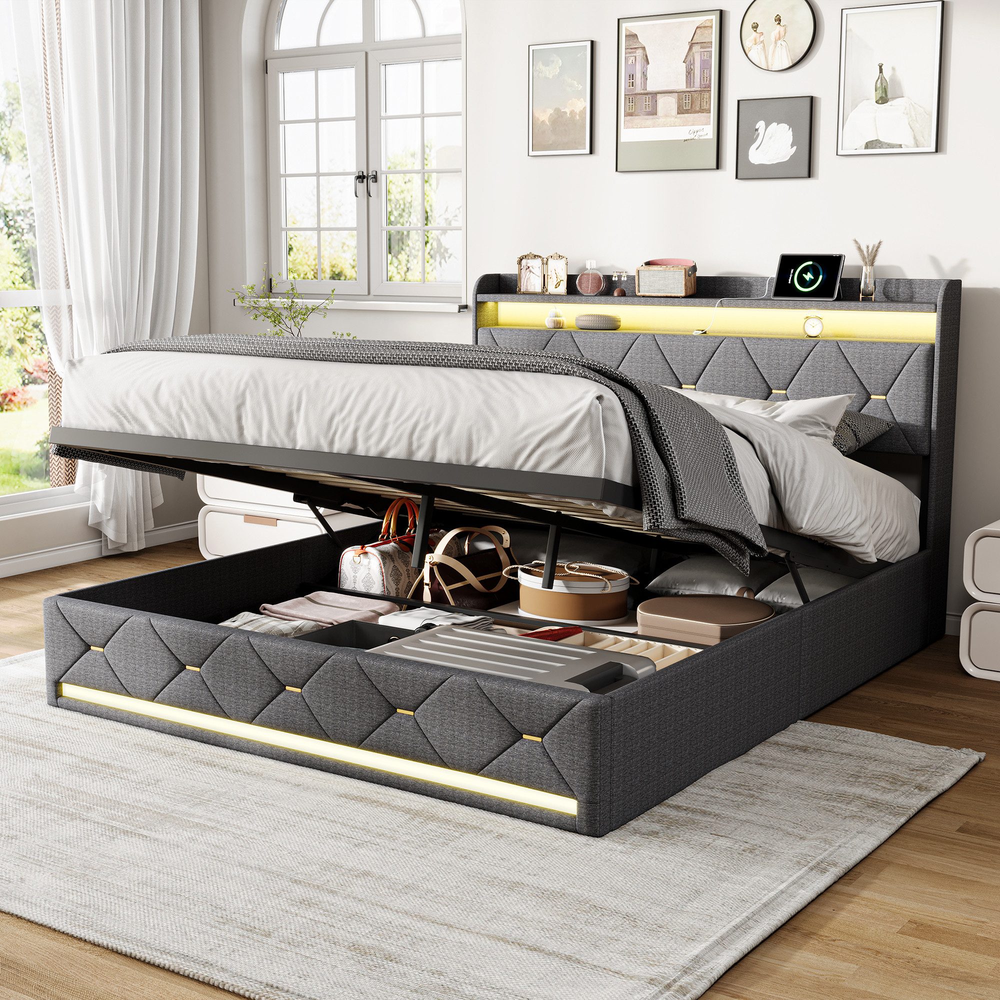 Simurq Boxspringbett polsterbett 140x200,doppelbett mit LED und USB,stauraumbett (Doppelbettgestell,Bett 140x200,Lattenrost), ohne Matratze,Leinen,USB+TypeC