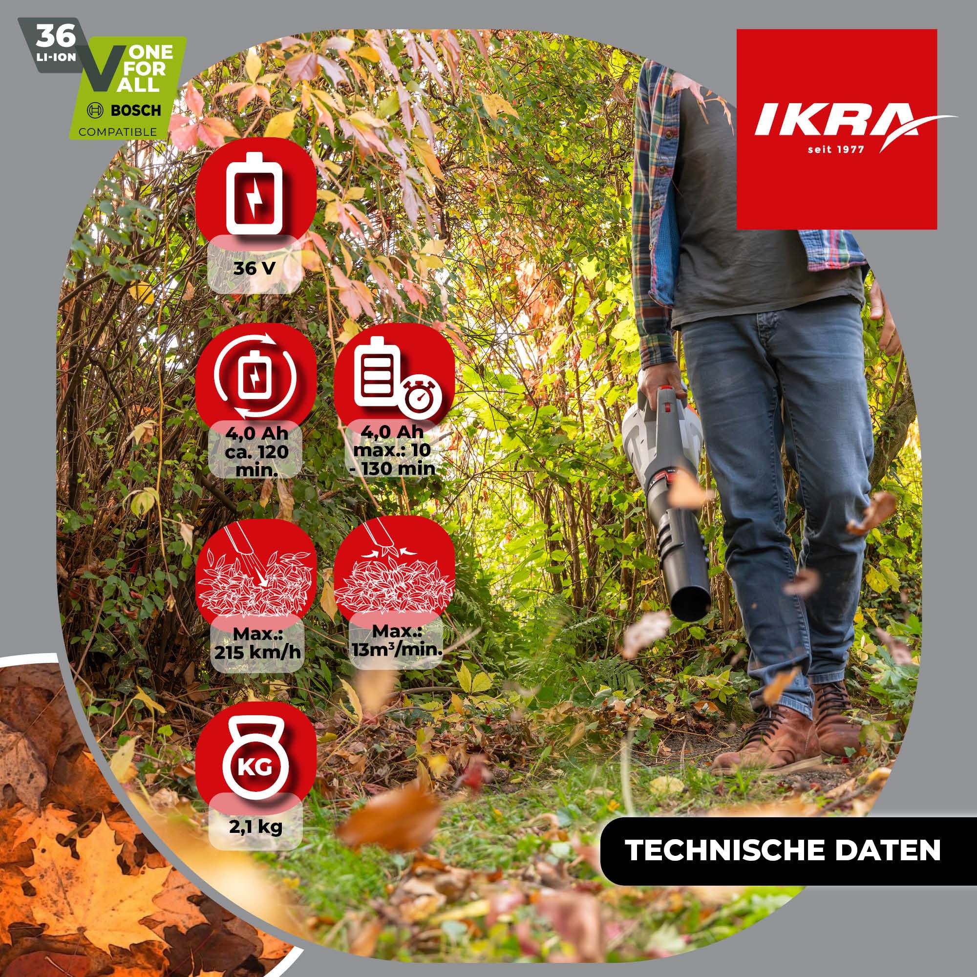 ikra GmbH Akku-Laubbläser IB-LB 36, (Ohne Akku & Ladegerät), Blasleistung von bis zu 215 km/h